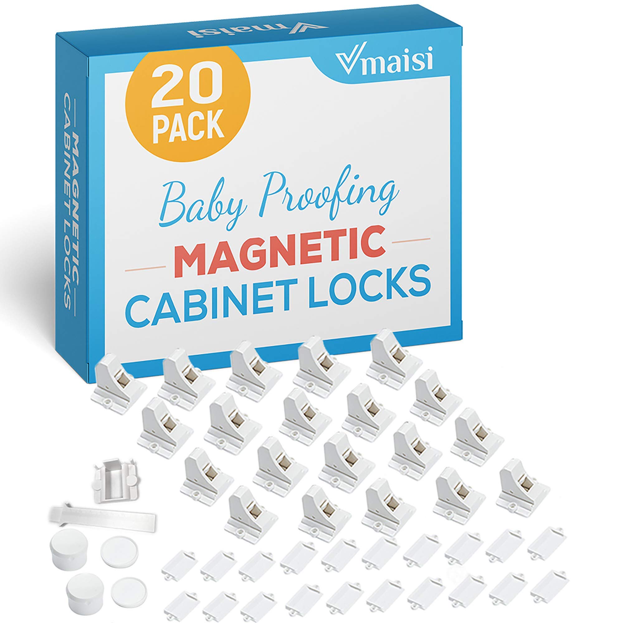 32 Locks Magnetic Cabinet Locks with 4 Magnet Keys - 38 Pack Outlet Covers - 70 Piece Child Safety Kit for Baby Proofing Home, Kitchen & Nursery (Childproofing Essentials for Toddlers & Kids)