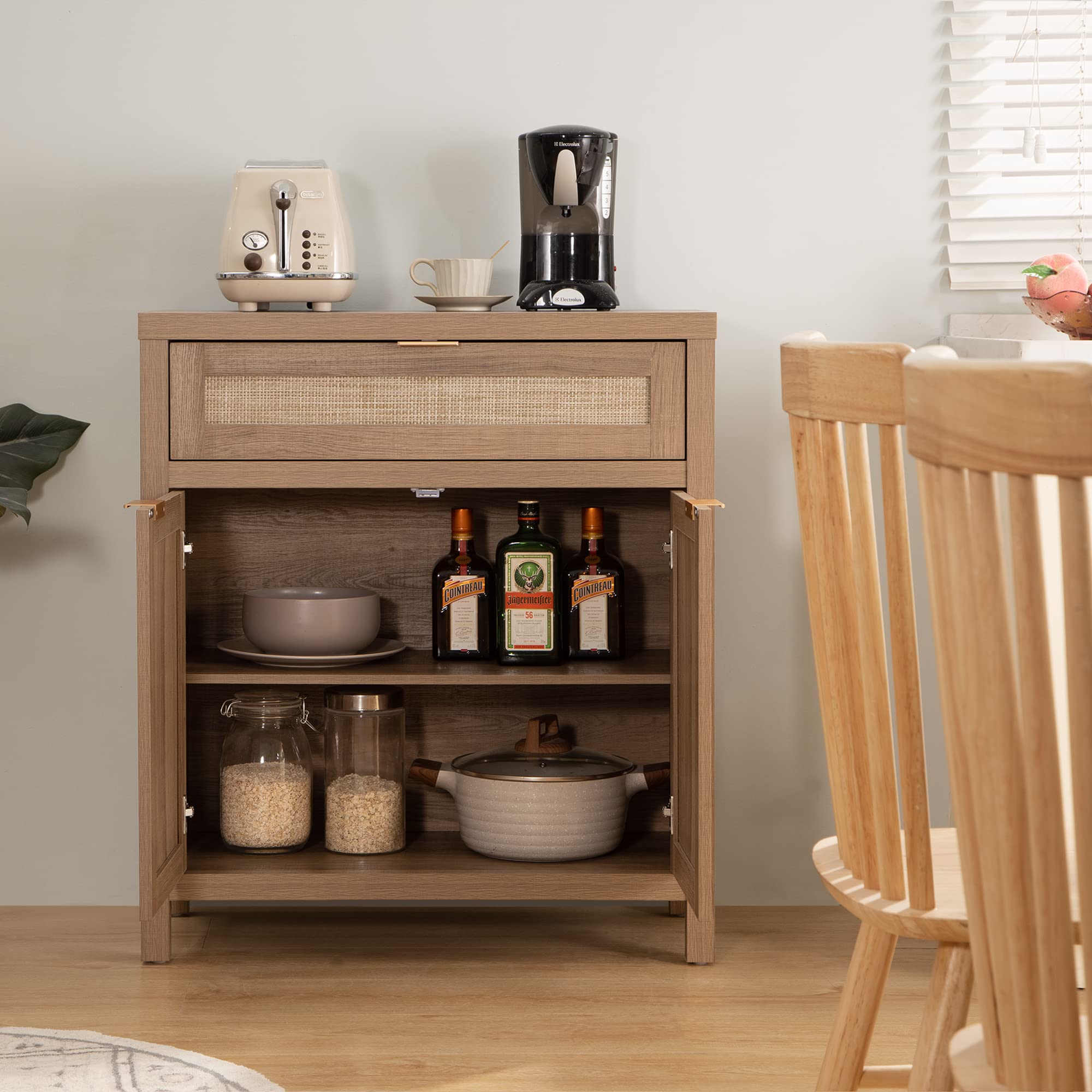 SICOTAS 2-Piece Rattan Sideboard Buffet Cabinet Set, Boho Farmhouse Credenza Storage with Drawers, Natural Oak Console Table for Coffee Bar, Entryway, Living & Dining Room - Perfect for Home Decor, Entertaining & Storage Solutions