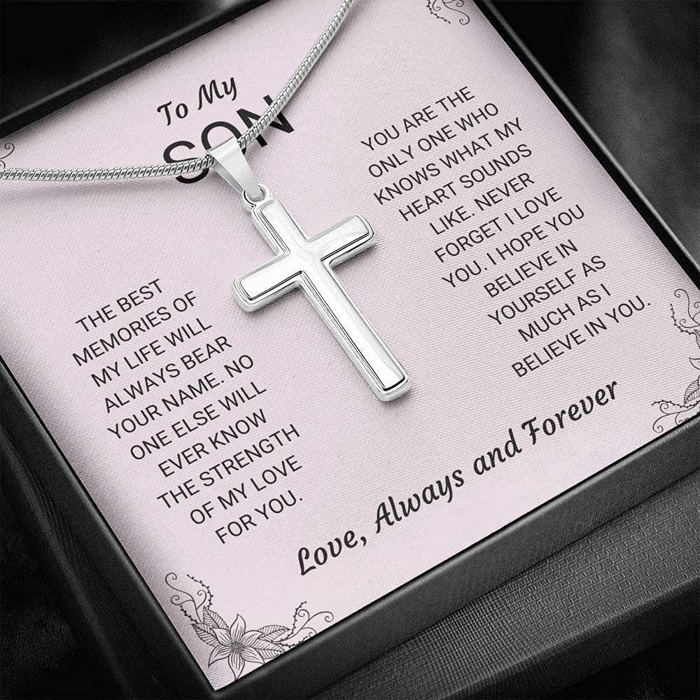 Handcrafted Personalized Cross Necklace for Son - Unique Gift from Mom or Dad - Best Memories Keepsake - Graduation, Birthday & Special Occasion Jewelry