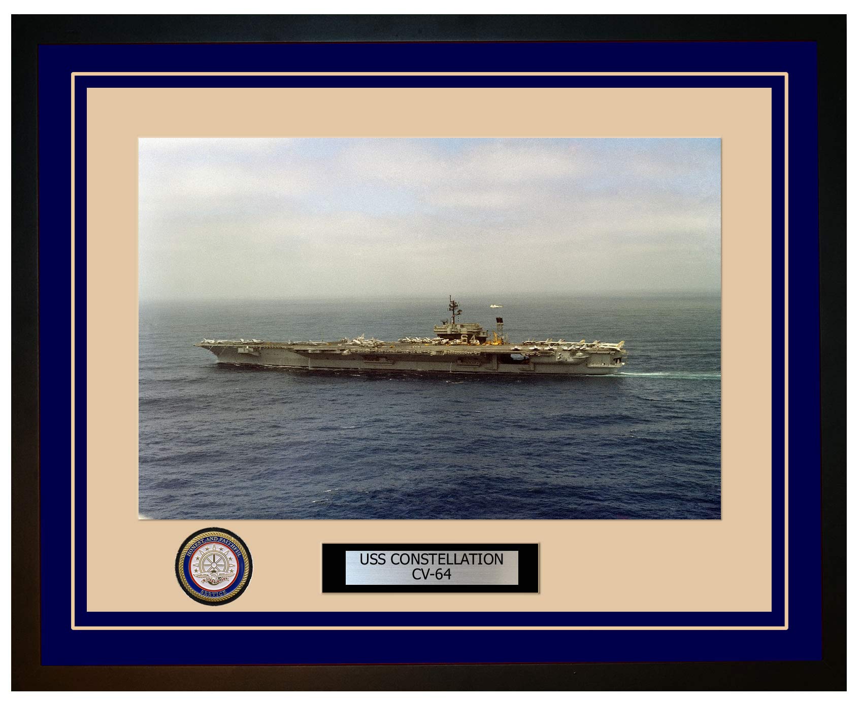 USS Constellation CV-64 Framed Navy Ship Photo - Premium Blue Wooden Frame - Perfect for Military History Enthusiasts, Navy Veterans & Home Office Decor