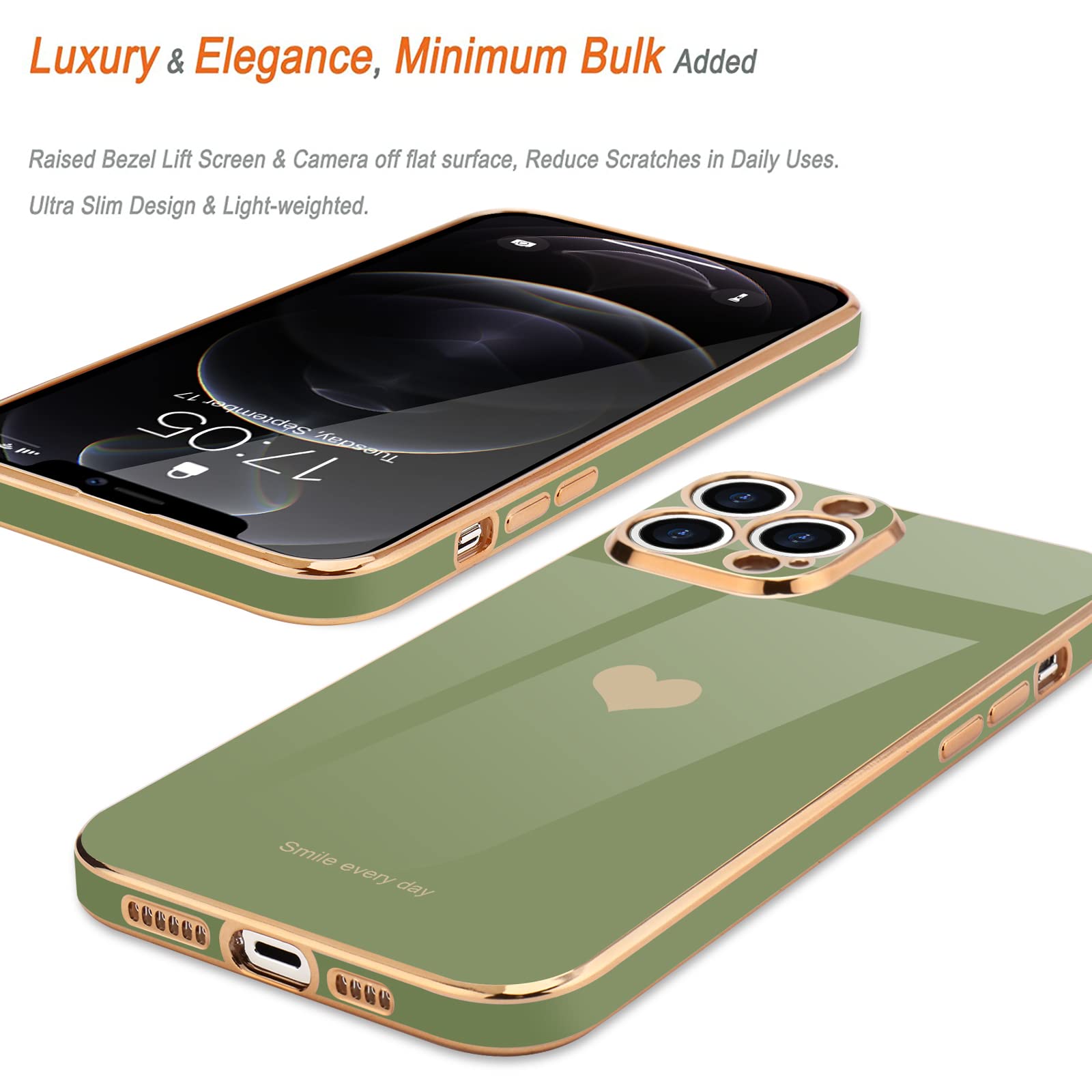 Teageo iPhone 12 Pro Case for Women - Cute Heart Design Luxury Plating Soft Silicone Cover with Raised Camera Protection | Shockproof Bumper Phone Case for iPhone 12 Pro (Light Green) | Perfect Gift for Girlfriend, Wife, Daughter - Valentine's Day, Birthday, Anniversary Present
