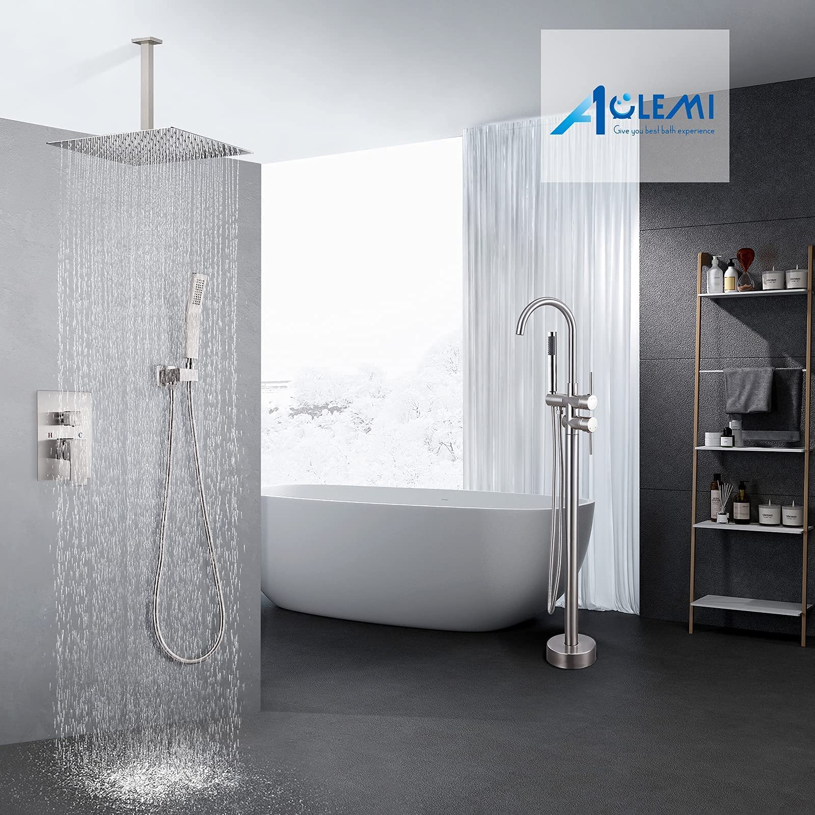 Aolemi Brushed Nickel Floor Mount Bathtub Faucet - 10