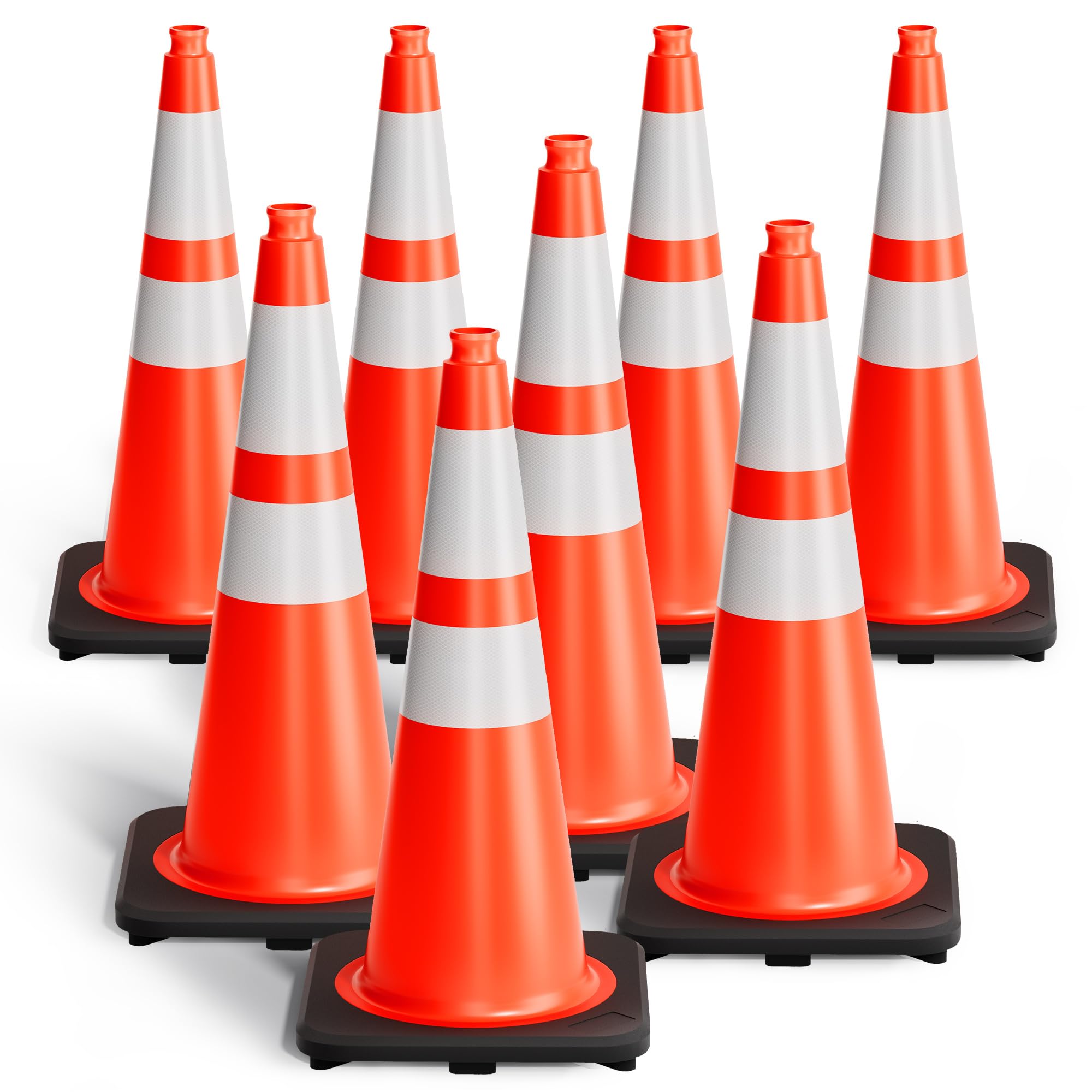 28 Inch Heavy Duty Orange Traffic Cones with Reflective Collars - 6 Pack Safety Cones for Road Construction, Parking Lot Control & Driveway Safety - Durable Black Base for Enhanced Visibility
