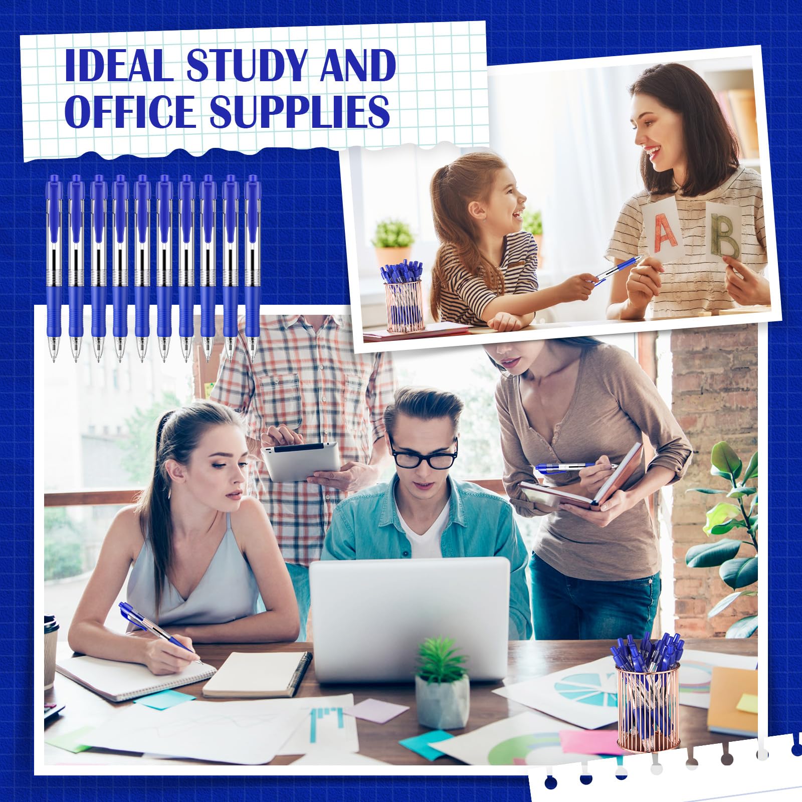 Fulmoon 100 Pack Retractable Ballpoint Pens - 1.0mm Medium Point Smooth Writing Gel Ink Pens (Blue) for Office, School, Journaling & Home Use - Perfect for Note Taking, Bullet Journaling & Everyday Writing Tasks