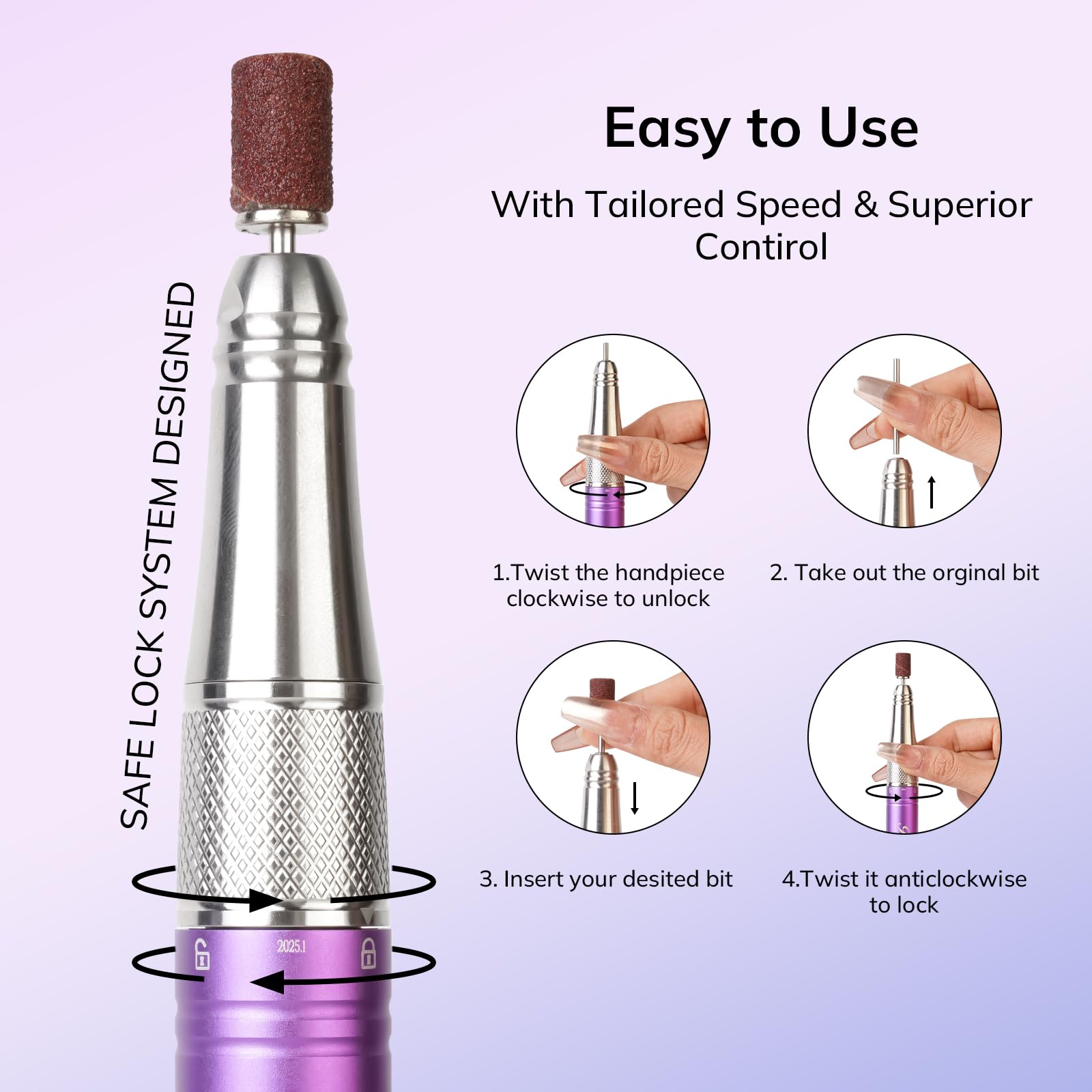 Belle Professional Nail Drill Machine - 35000RPM Brushless Motor, Cordless Rechargeable Nail File for Acrylic & Gel Nails with Diamond Charging Base & Carrying Case (Bling Purple) | Perfect for Salon, Home Manicures & Nail Art DIY