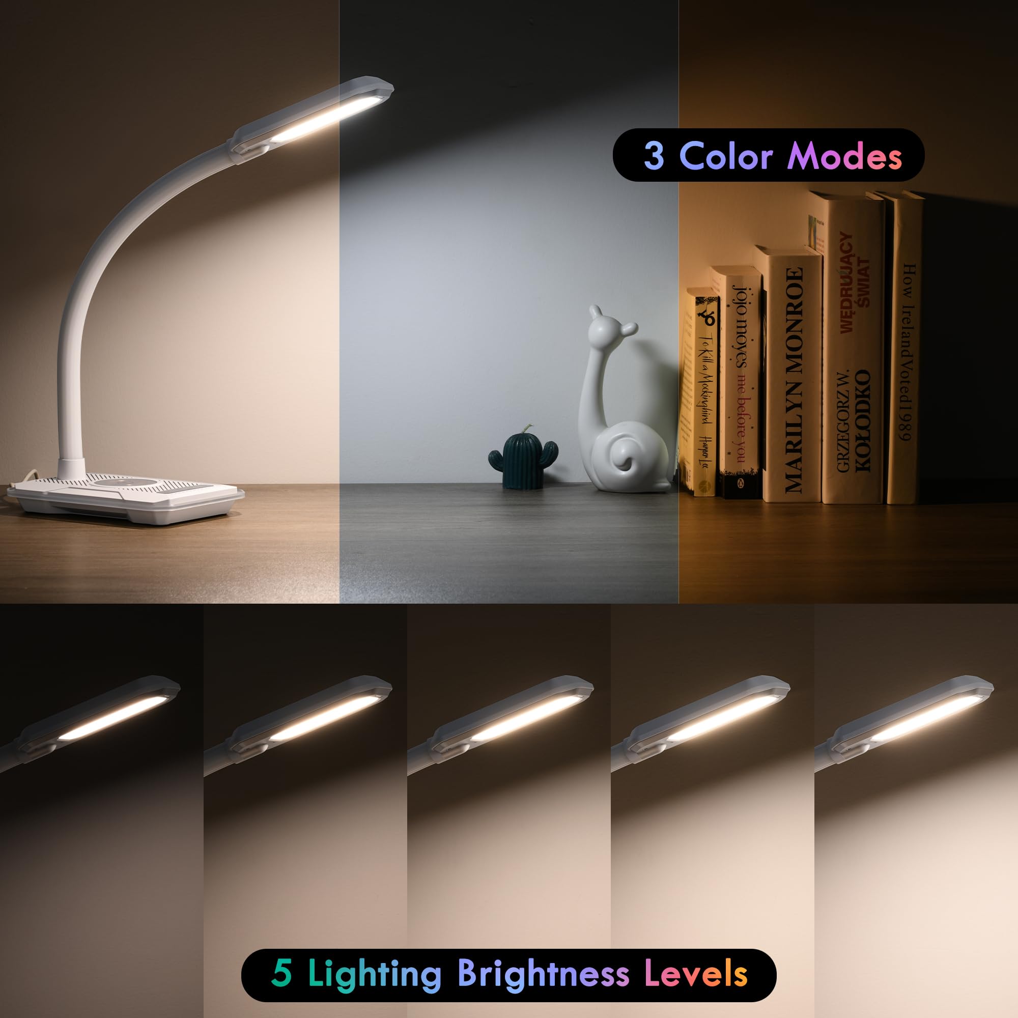WILIT LED Desk Lamp with Wireless Charger & USB Port - RGB Color Changing Gaming Light, Touch Control, Dimmable 3 Color Temperatures - Perfect for Home Office, Gaming Setup & Nightstand Use (White)