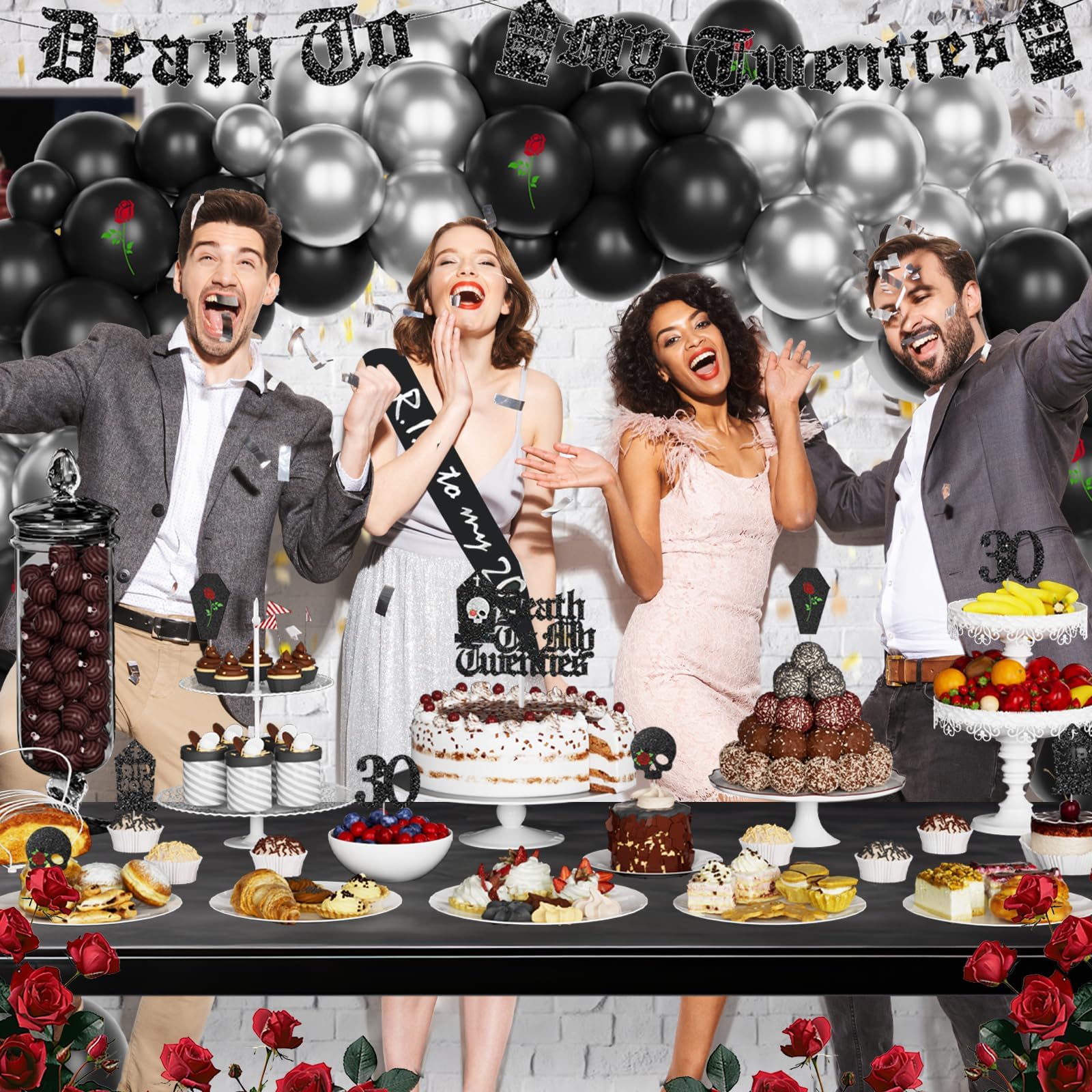 Death To My 20s Party Decorations Set - 119 PCs Black Funeral for Youth Theme Decor, Backdrop, Balloons, Cutouts, Banner, Cake & Cupcake Toppers, Sash, Tombstone, Skull & Rose - Perfect for 30th Birthday Celebrations & Milestone Parties