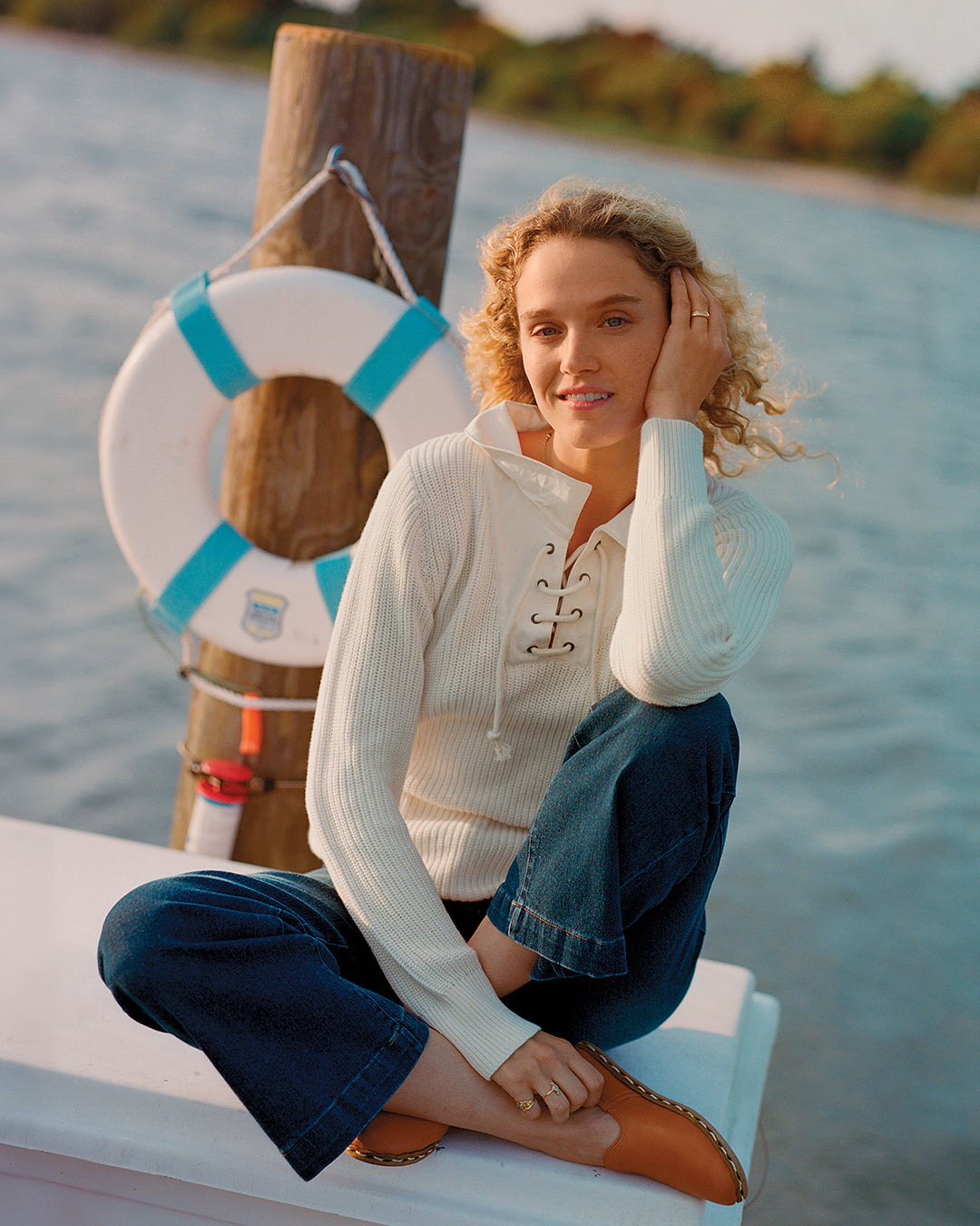 Halifax Lace Up Sweater Women's Knit Pullover in Egret White | Cozy Winter Fashion for Casual Outings & Date Nights