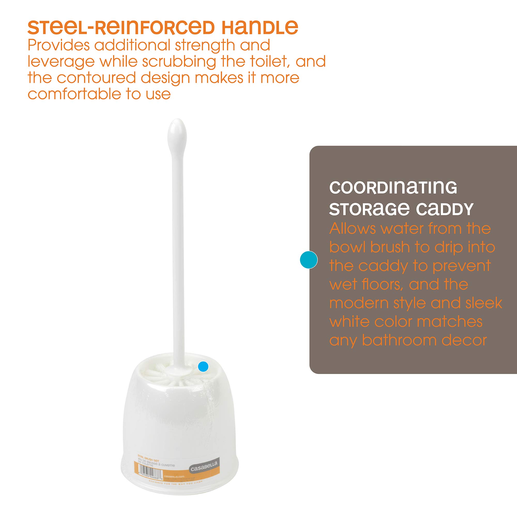 Casabella White Toilet Bowl Brush and Holder Set - Durable Bathroom Cleaning Tool for Home & Office Use