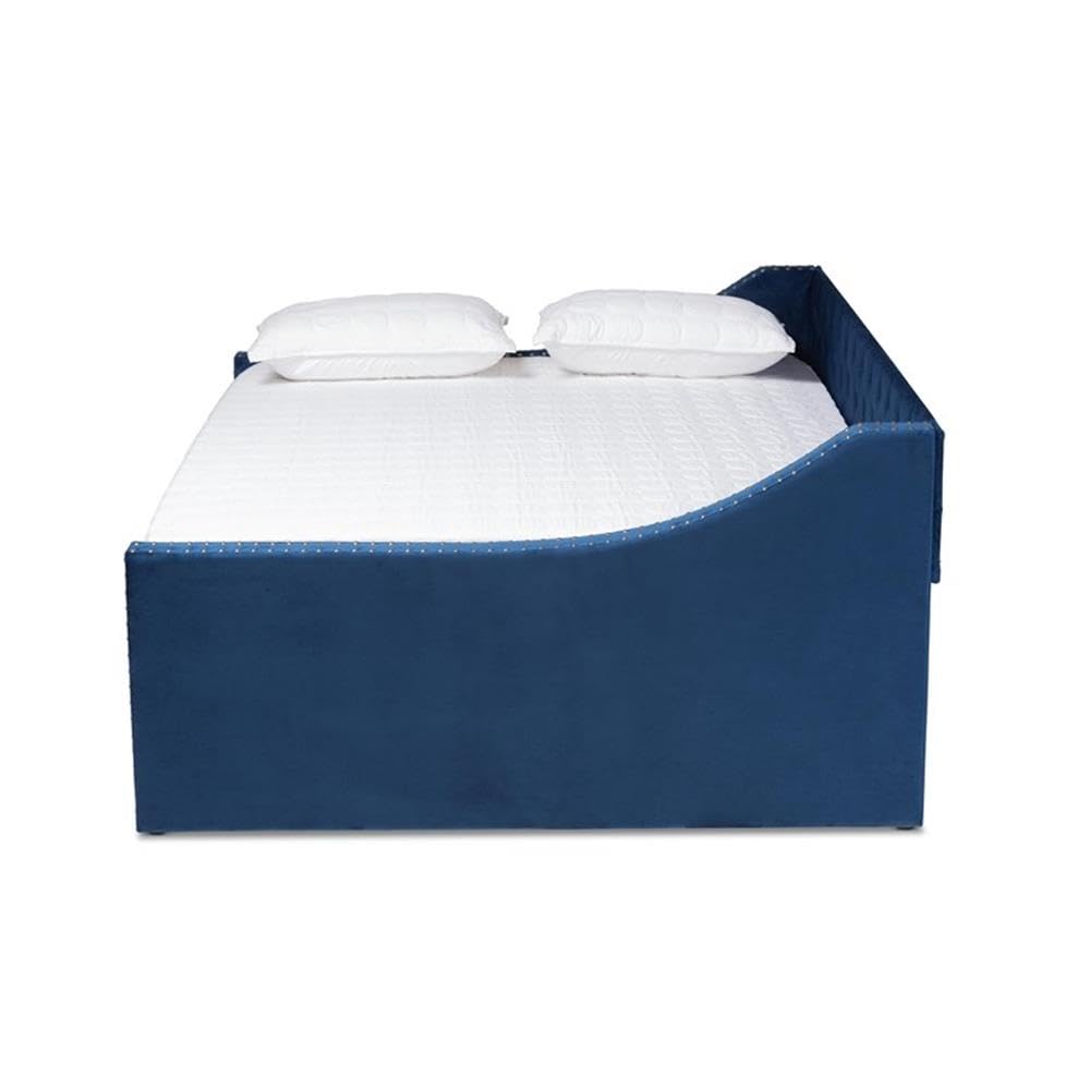 BOWERY HILL Modern Velvet Upholstered Queen Size Daybed with Trundle in Blue - Stylish Sofa Bed for Guest Room, Living Room & Small Space