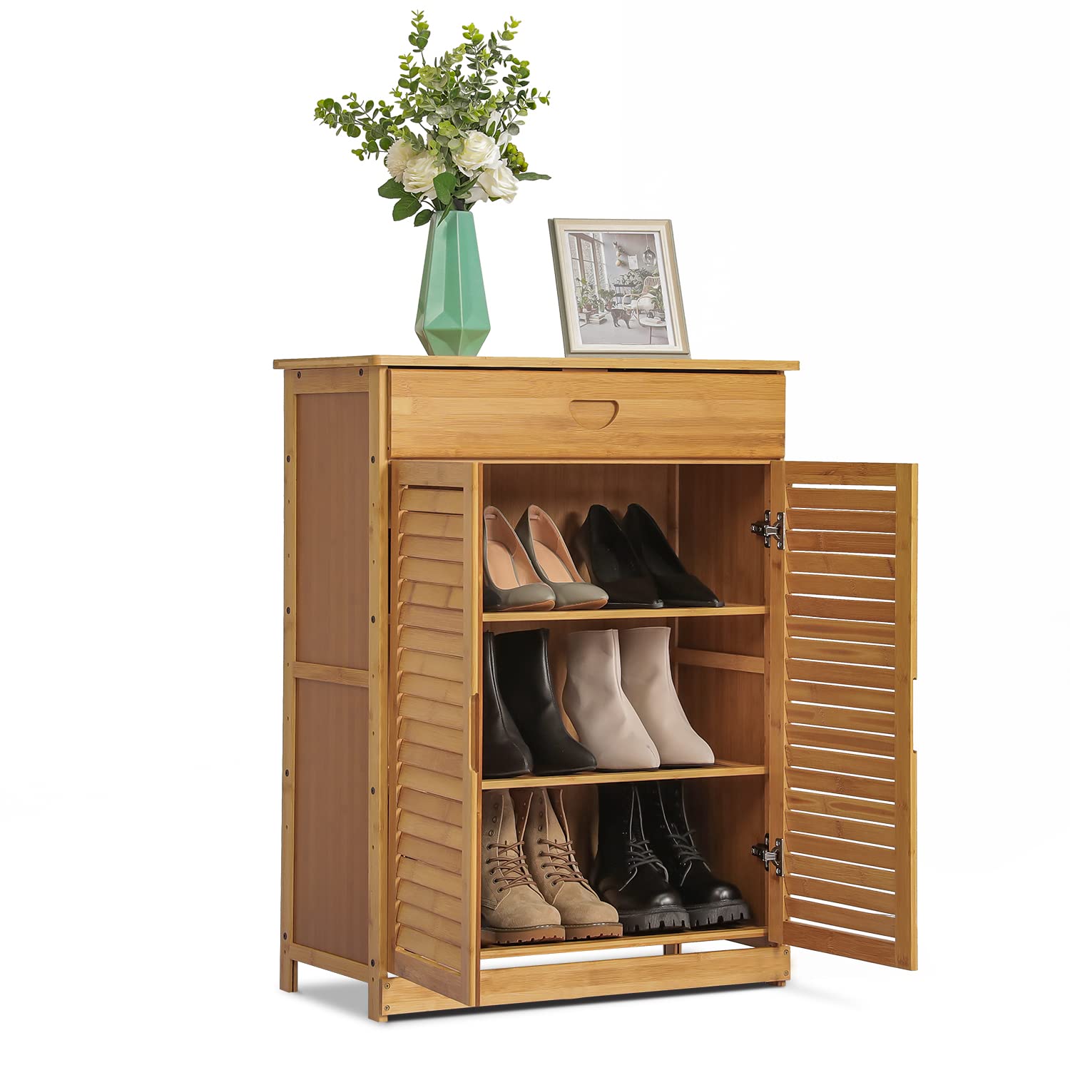 MoNiBloom 3-Tier Bamboo Shoe Storage Cabinet with Drawer & Shutter Door - Holds 6-10 Pairs of Shoes - Space-Saving Entryway, Hallway, Living Room Organizer - Natural Wood Finish - Perfect for Small Apartments & Closet Organization