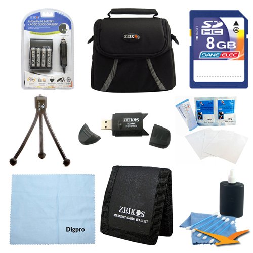 **Digital Camera 9-Piece Accessory Kit with AA Rechargeable Batteries, Charger, 8GB SD Card, USB Reader, Tabletop Tripod, Deluxe Gadget Bag, Memory Card Wallet & Lens Cleaning Cloth – Compatible with Nikon, Canon, FujiFilm – Perfect for Travel, Vlogging & Photography**