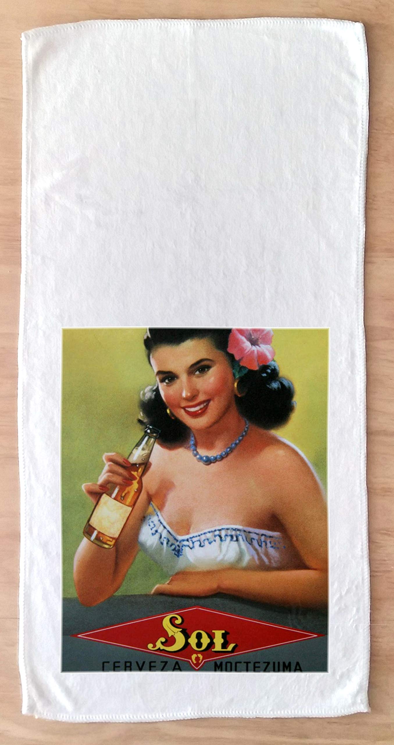 Brazil Beer Sol Lady Vintage Poster Print Hand Towel - 12x25 Inch Microfiber Towel for Kitchen, Bathroom & Gym - Soft, Absorbent & Quick-Drying