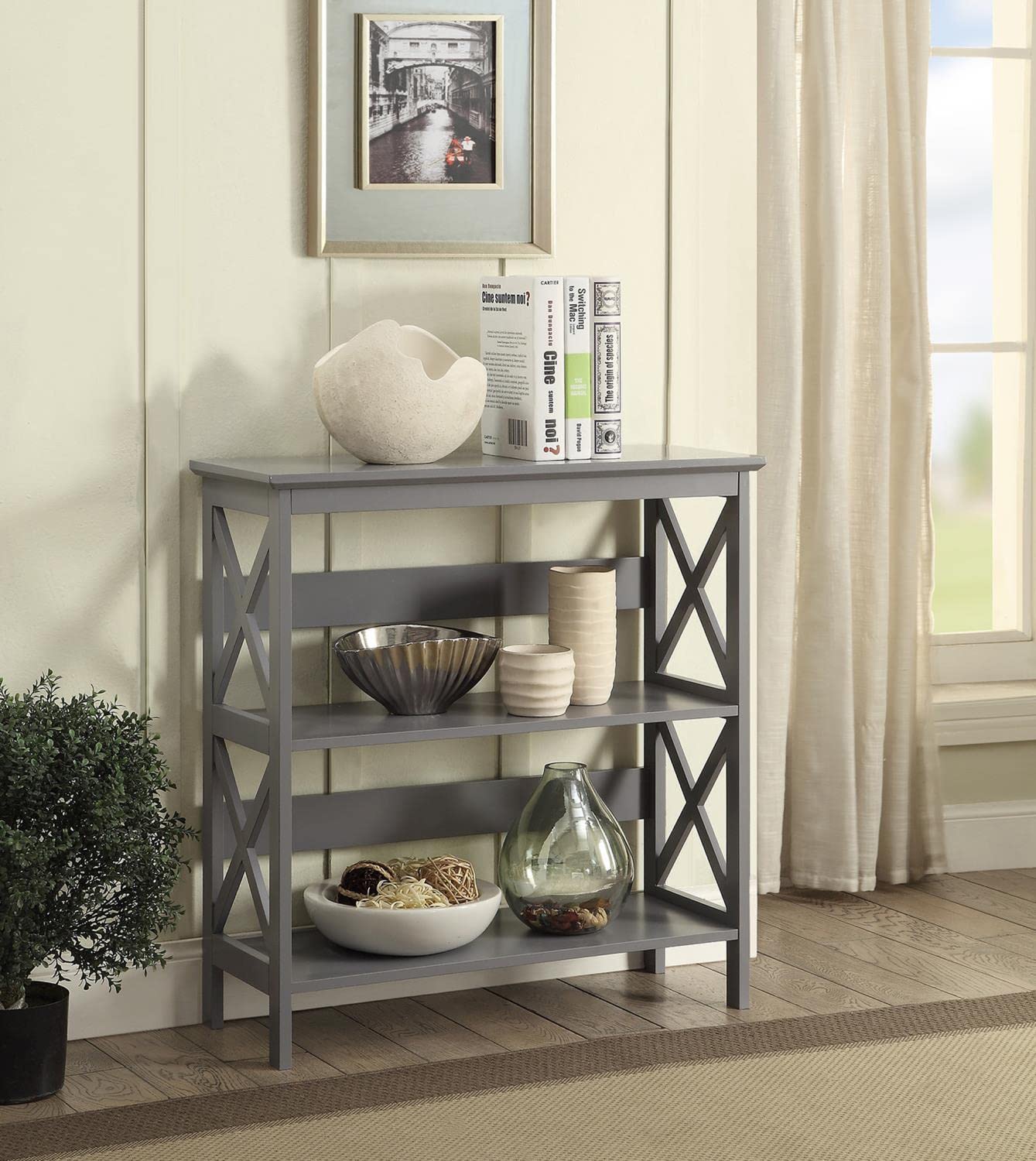 Convenience Concepts Oxford 3-Tier Bookcase Shelf - Gray Wooden Storage Organizer for Living Room, Bedroom, Office & Study