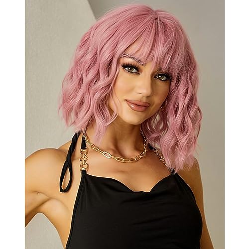 Pink Wavy Real Human Hair Wig with Bangs - Short Bob Heat Resistant Tangle-Free Synthetic Wig for Women & Girls | Perfect for Cosplay, Daily Wear, Halloween & Costume Parties