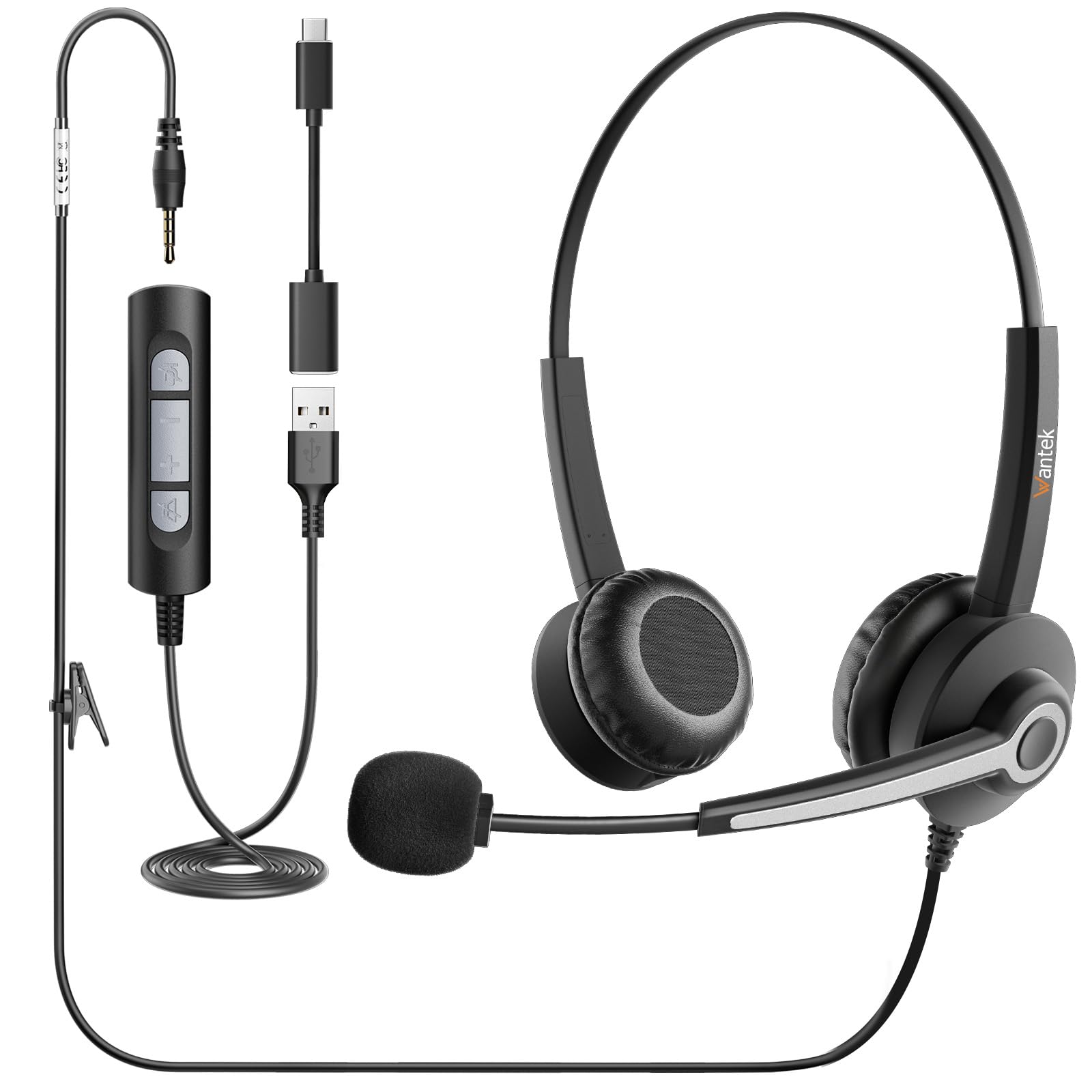 Premium Noise Cancelling USB Headset with Microphone - 3.5mm/USB Type-C/3-in-1 Wired Over-Ear Headphones for PC, Laptop, Call Center, Office, Skype, Zoom, Online Chat & Gaming - Adjustable Comfort Design