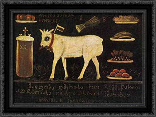 Easter Lamb 24x18 Black Ornate Wood Framed Canvas Art by Niko Pirosmani - Vintage Wall Decor for Living Room, Bedroom & Office