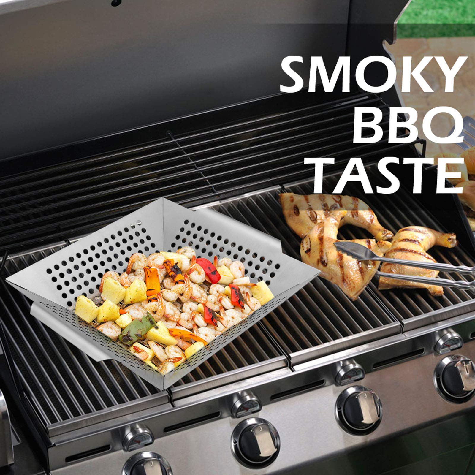 8” Stainless Steel Grilling Basket Set of 2 - Heavy Duty BBQ Grill Wok for Vegetables, Kabobs, Shrimps - Universal Fit for All Grills, Dishwasher Safe - Perfect for Backyard BBQs, Camping & Outdoor Cooking