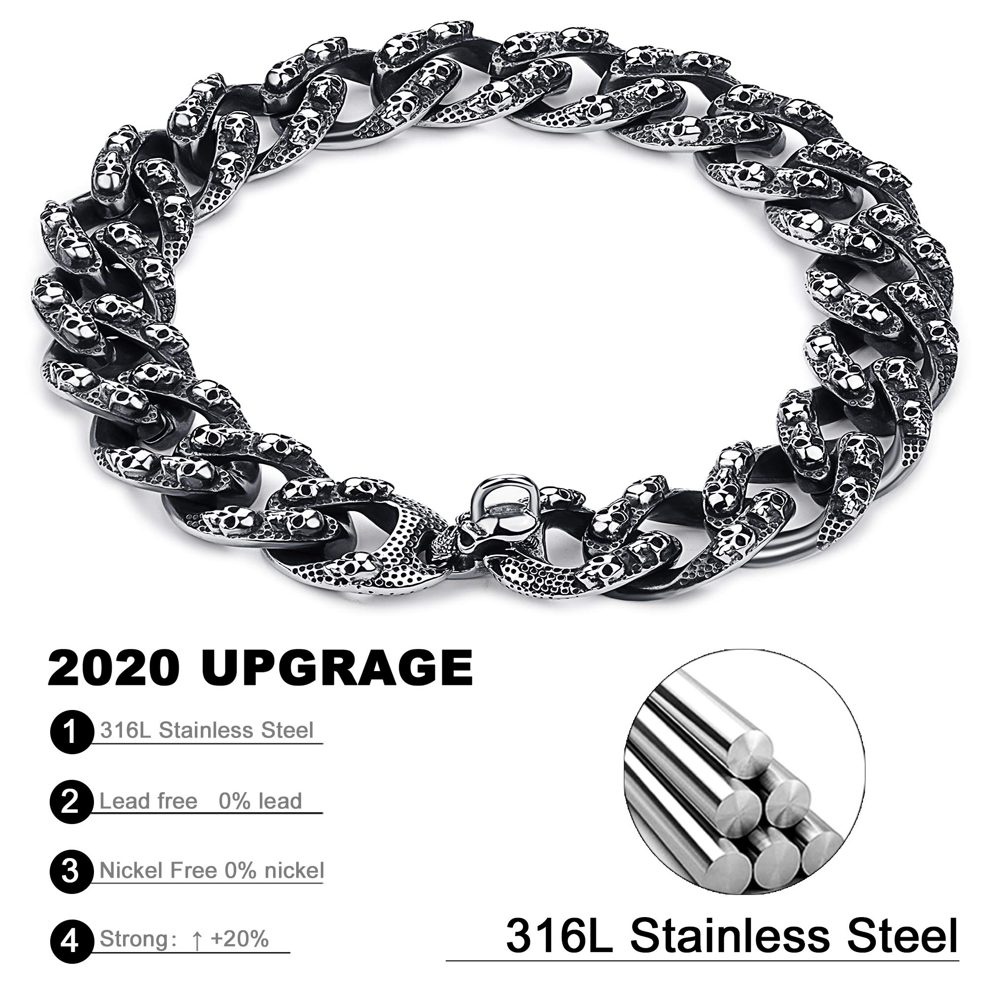 TXPRODOGCHAINS Skull Dog Collar - Antique Black Gothic Stainless Steel Cuban Link Choke Chain for Large Dogs (16-26 inch) - Punk Style 30mm Wide Necklace Collar with Carved Skulls - Perfect for Training, Walking & Punk Fashion Pet Accessories