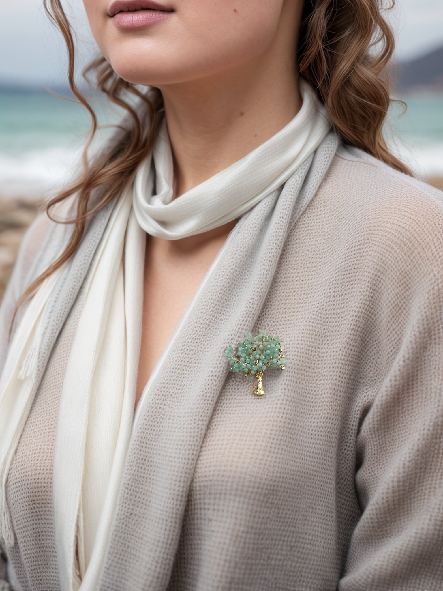 Handmade Amazonite Tree Brooch LP004 - Elegant Jewelry Pin for Women, Nature-Inspired Accessory for Blazers, Scarves & Special Occasions