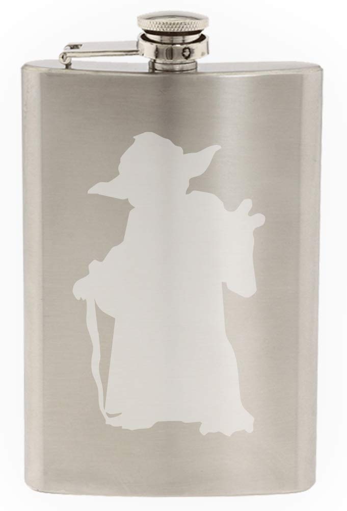 Star Wars Yoda Outline 8oz Stainless Steel Hip Flask with Funnel - Handmade Engraved Drinking Flask for Whiskey, Bourbon & Outdoor Adventures