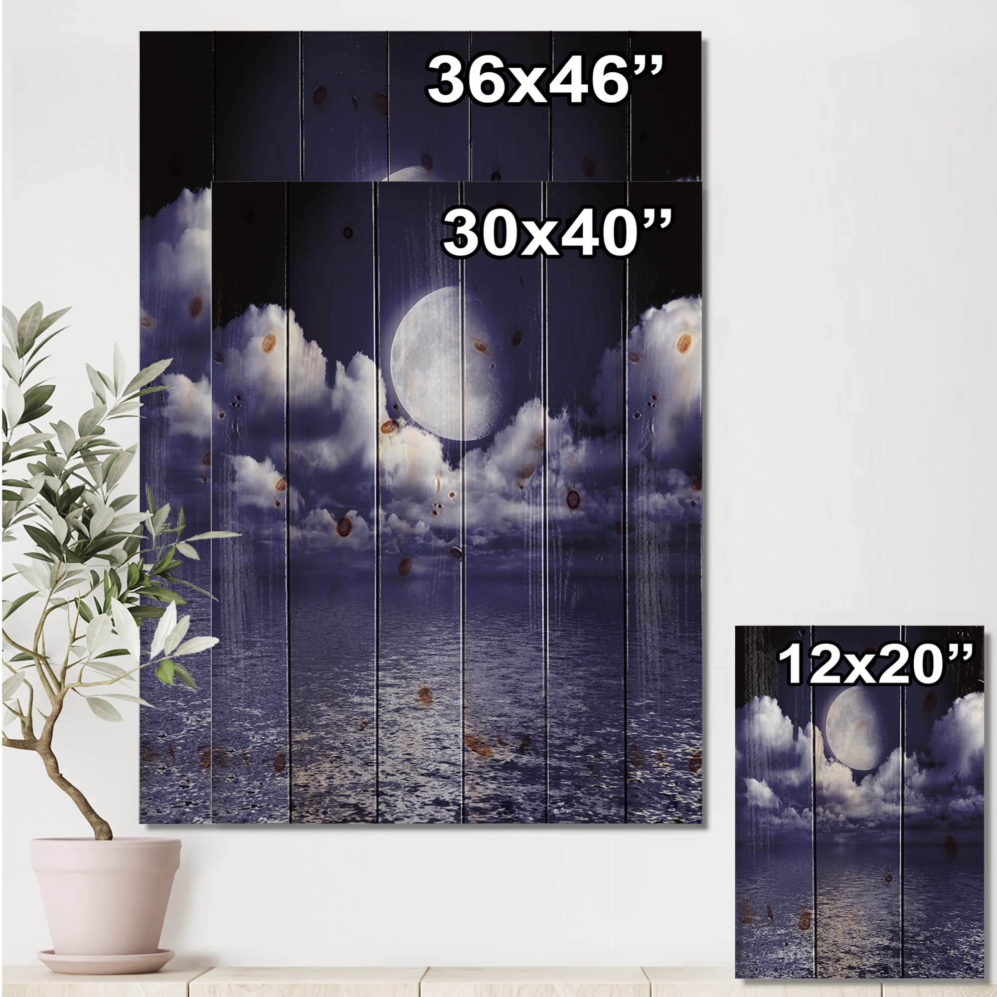 Full Moon Cloudy Night Sky Wood Wall Art - Coastal Decor for Living Room