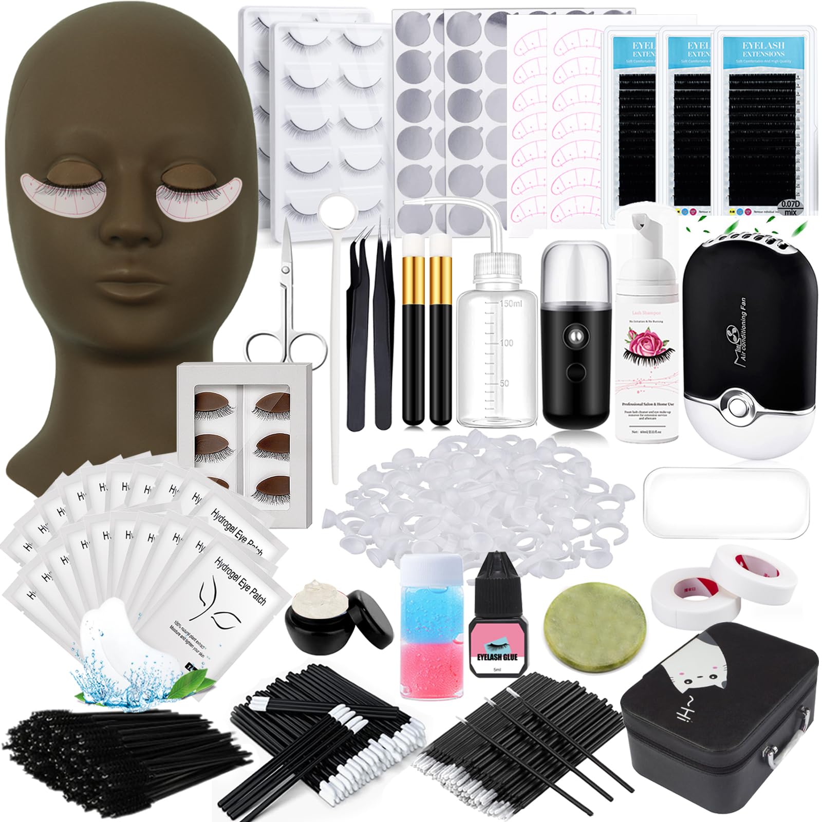 Professional Eyelash Extension Kit for Beginners - Complete Set with Mannequin Head, Removable Eyelids, USB Fan, Sprayer, False Lashes & Storage Box | Perfect for Salon Training, Home Practice & DIY Lash Artists