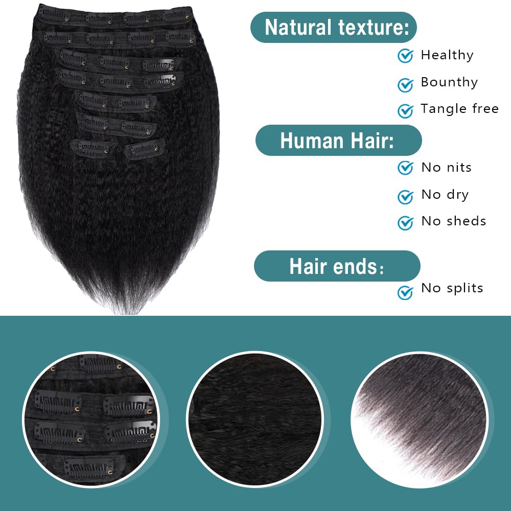 Kinky Straight Clip-in Hair Extensions 8A Brazilian Human Hair - 8pcs 20 Clips 100g Set (14 Inch) for Black Women | Natural Color Real Human Hair Weave | Perfect for Daily Styling, Parties & Special Occasions