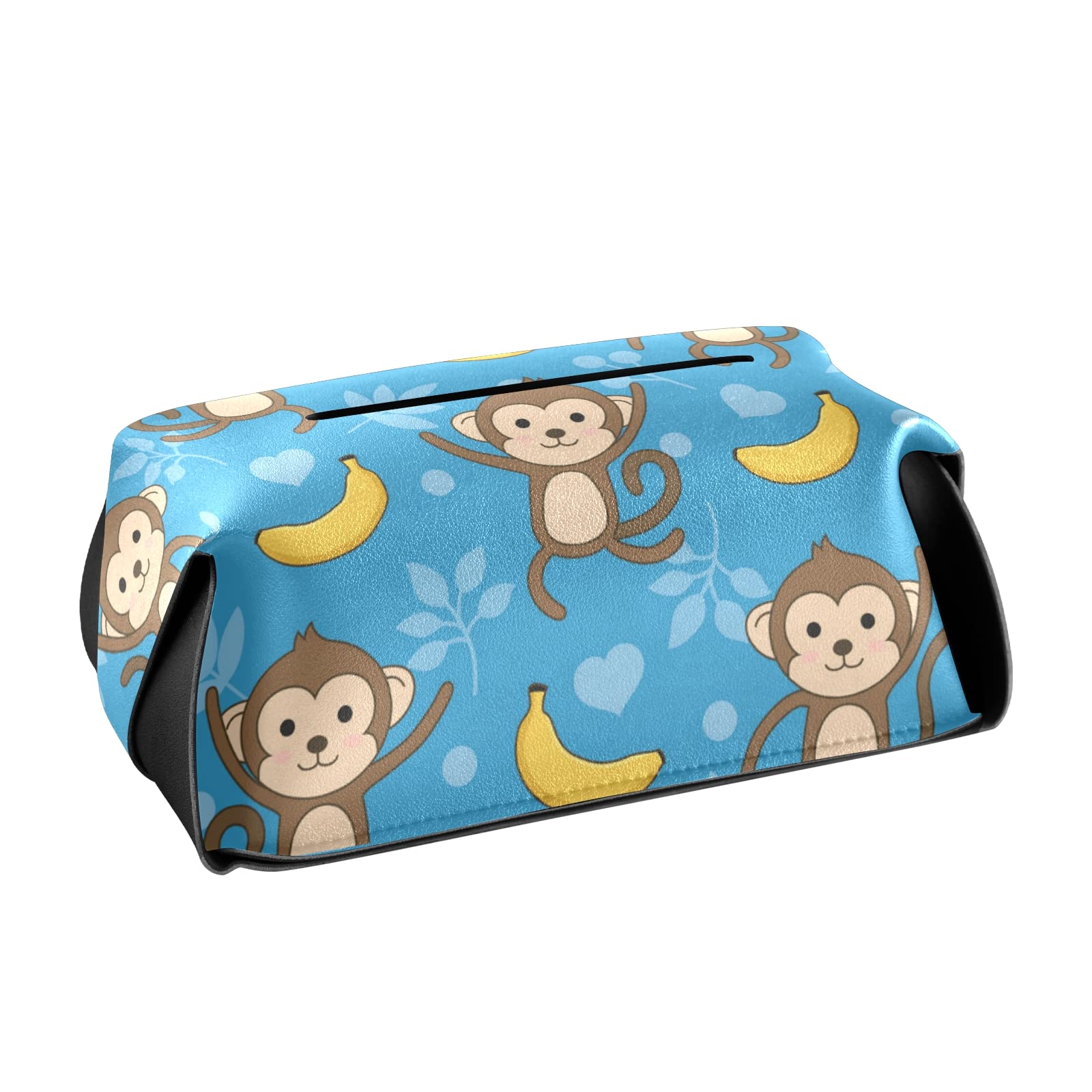 Cute Cartoon Monkey Tissue Box Cover - Rectangular Leather Tissue Holder with Handle for Facial Tissues | Perfect for Nightstands, Bathroom Vanity, Countertops, Desks & Bedroom Decor