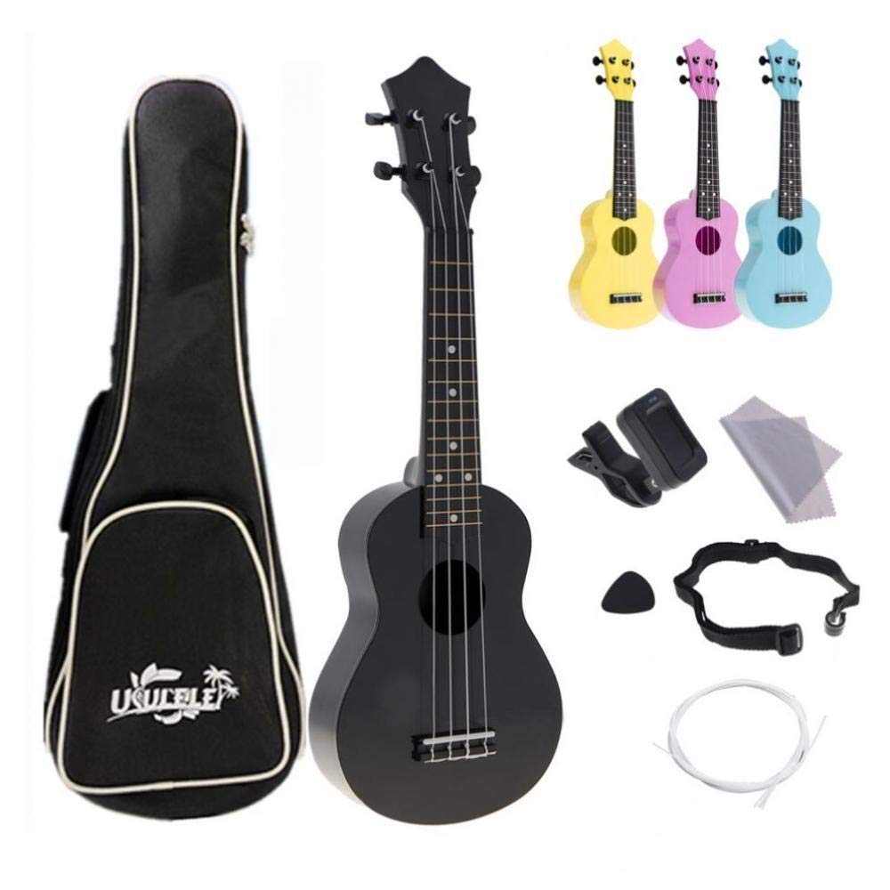 21 Inch 4-String Acoustic Ukulele Guitar Full Kit - Colorful Hawaii Guitarra for Kids & Beginners (Black) - Perfect for Music Lessons, Travel & Hawaiian-Themed Parties