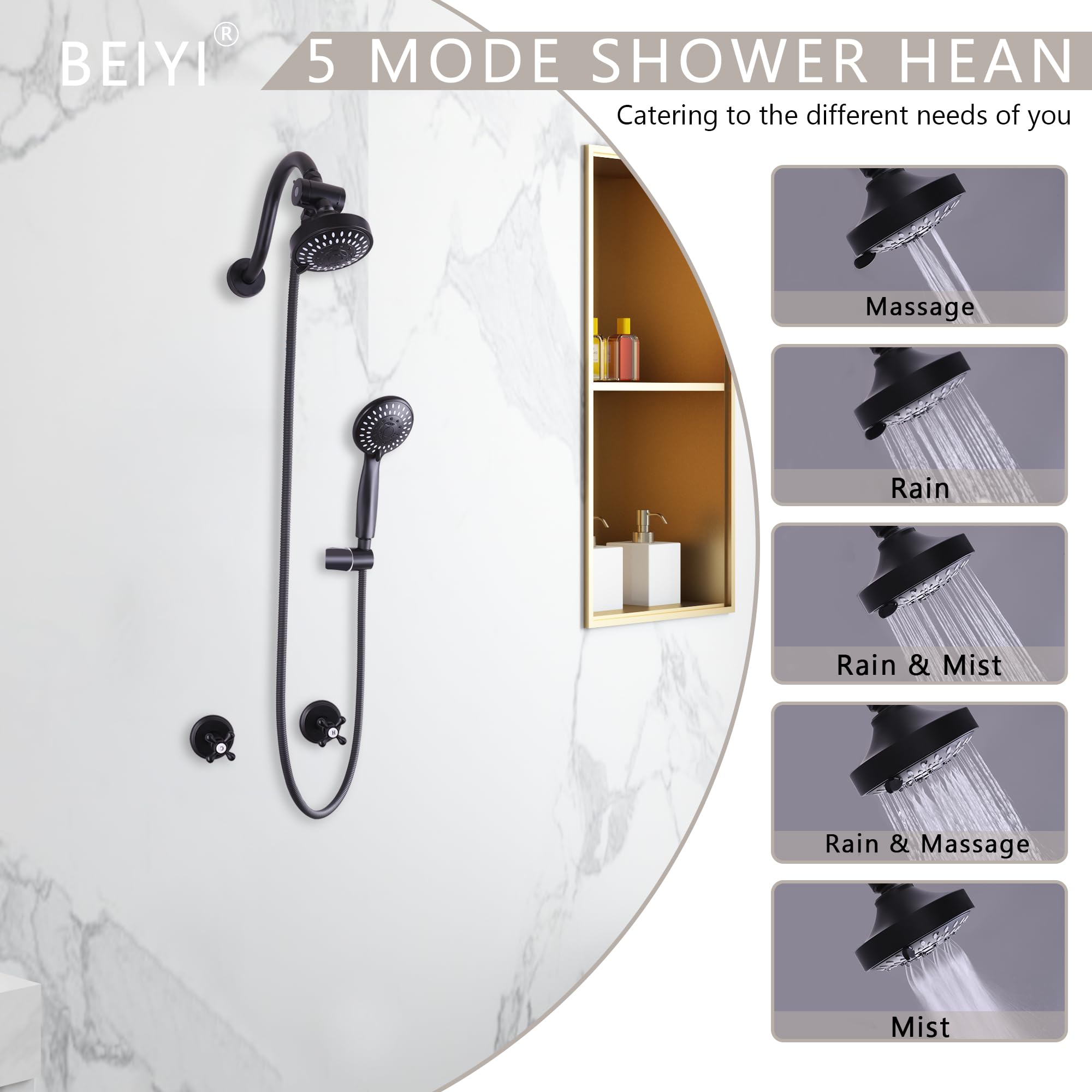 2 Handle Shower Faucet Set - Matte Black 5 Mode Shower System with Rough-in Valve, Complete Bathroom Shower Trim Kit for Modern Home Renovation - Perfect for Master Bathroom, Guest Bath & Spa-Like Shower Experience