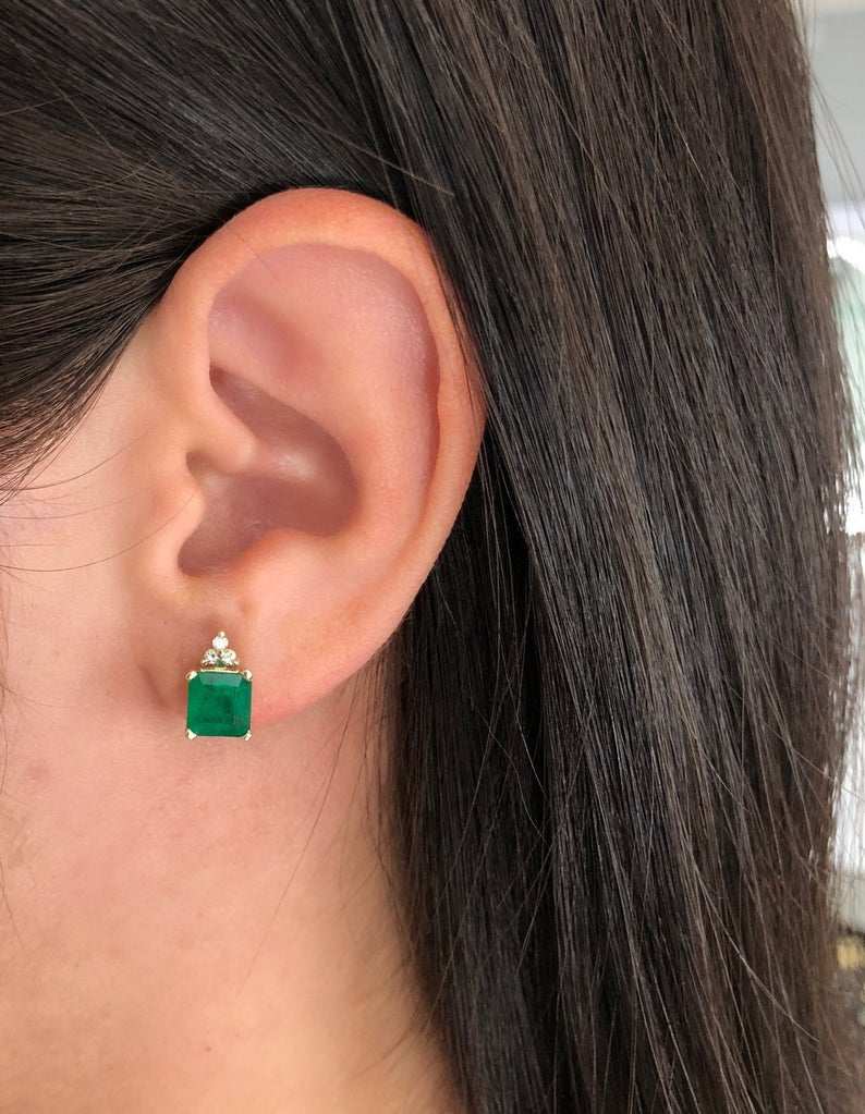 2.92tcw Square Cut Dark Green Emerald & 3 Stone Diamond Accent 14K Gold Stud Earrings for Women - Elegant Jewelry Gift for Birthday, Anniversary & Special Occasions