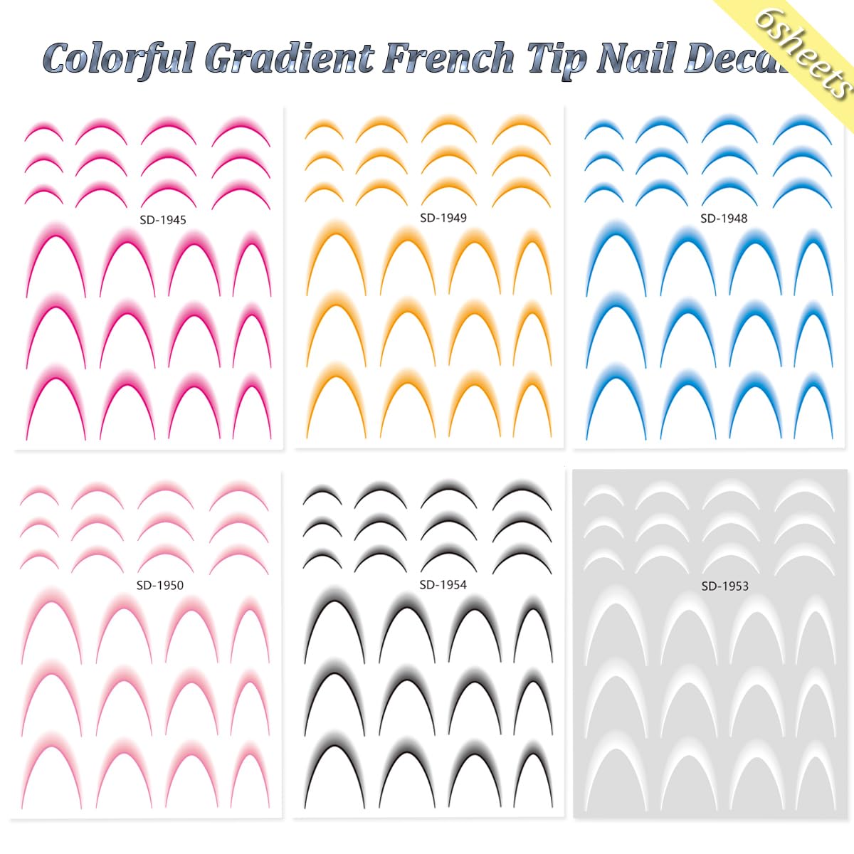 Vibrant French Tip Nail Stickers - 6PCS Gradient Stripe Nail Decals with 3D Self-Adhesive Guides | DIY Nail Art Decorations for Women | Perfect for Salon, Home Manicures & Party Nail Designs