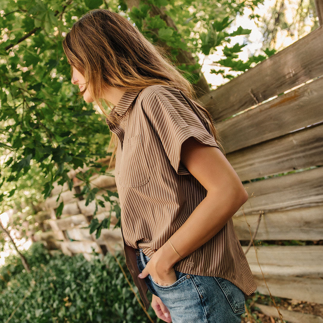 Women's Cinnamon Striped Button Down Blouse - Casual & Office Wear Shirt for Work, Date Night & Everyday Outfits