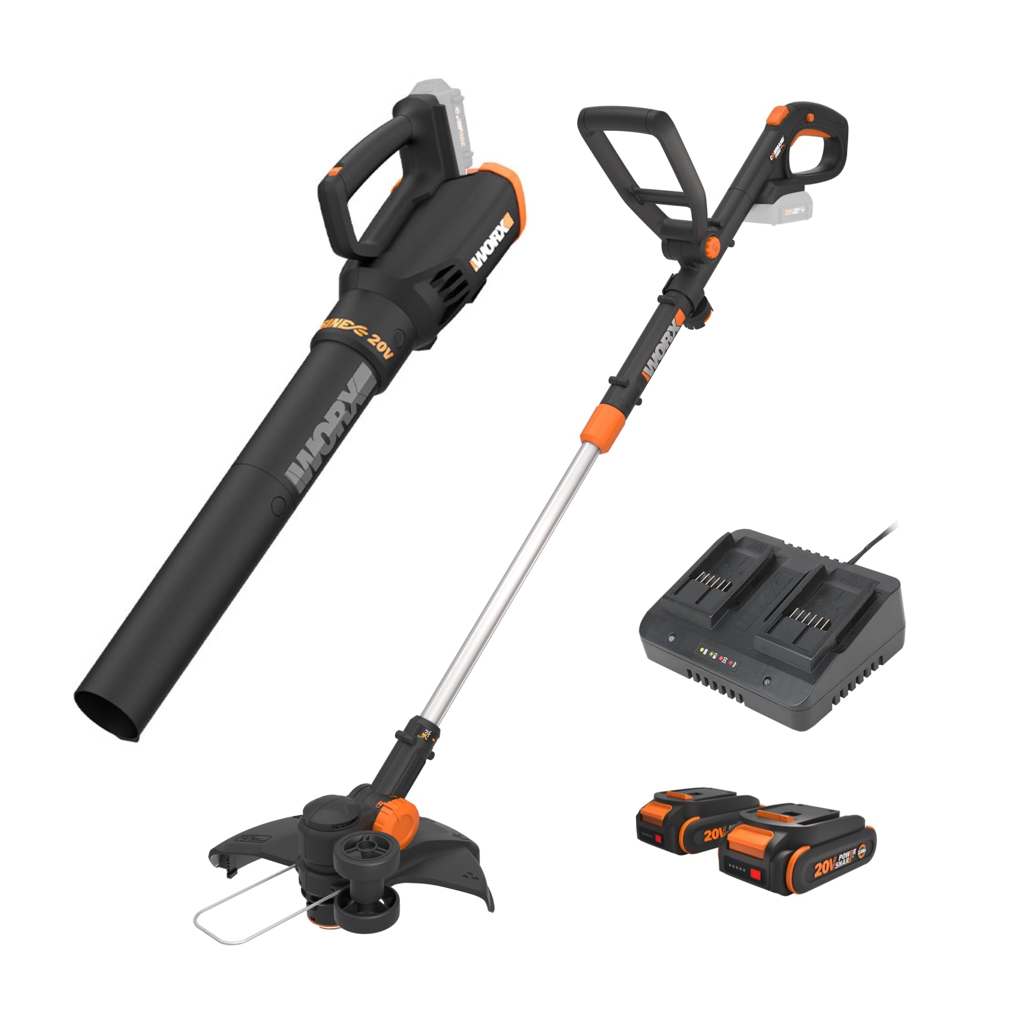Worx WG930.2 20V PowerShare Cordless String Trimmer & Leaf Blower Combo Kit - 12