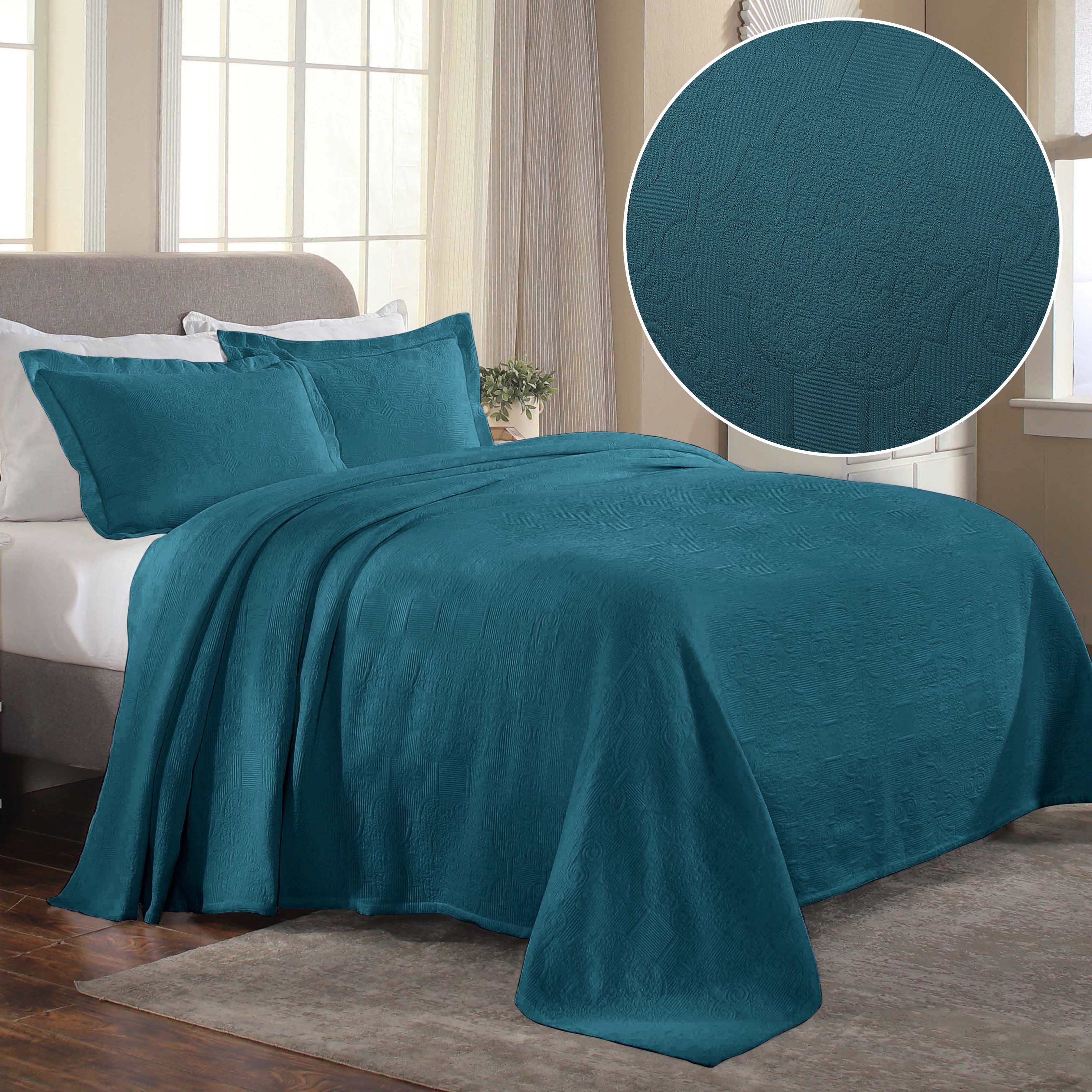 Florin Cotton Matelassé Weave Jacquard Scrolling Medallion Bedspread Set - Luxury Queen Size Quilt Coverlet Set for Bedroom Decor, Hotel Style Bedding - Perfect for Master Bedroom, Guest Room & Vacation Homes