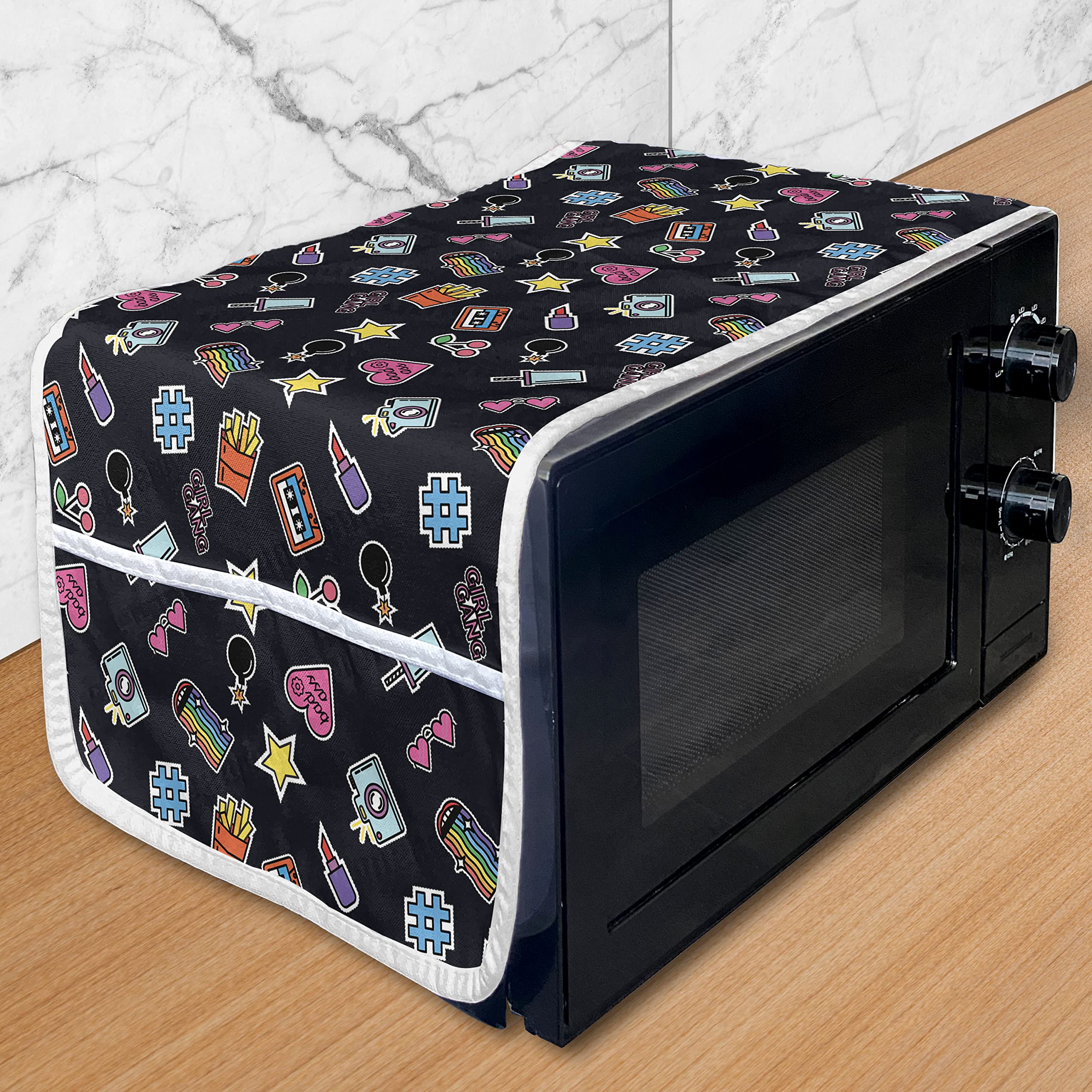 Ambesonne Girl Gang Microwave Cover - Waterproof Lipstick Cassette Hashtag Design Kitchen Organizer with Pockets, 36x12 Inch Multicolor - Perfect for Modern Kitchens & Dorm Rooms