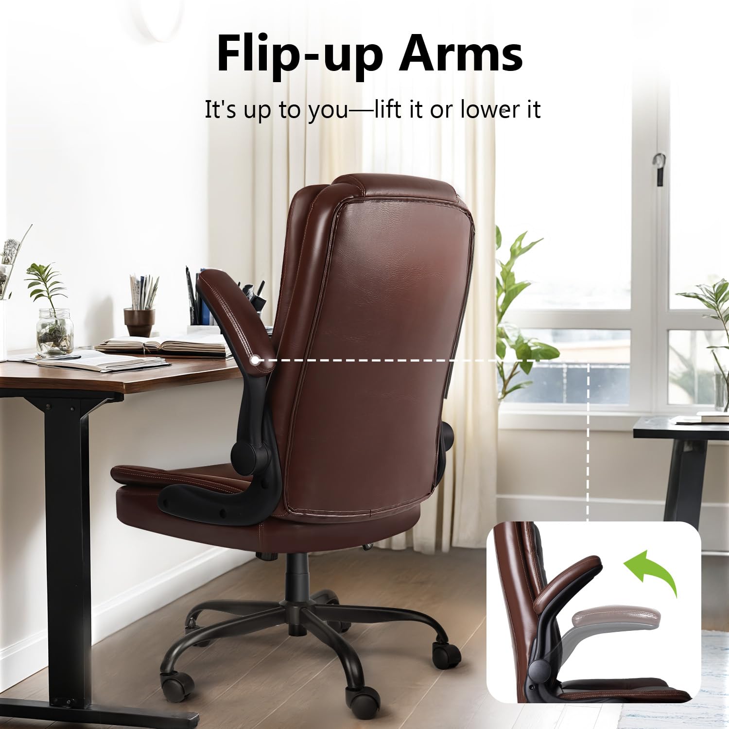 Premium Brown Leather Office Chair - Adjustable Ergonomic High Back Desk Chair with Flip-Up Armrests & Lumbar Support for Home Office, Gaming & Executive Workspaces