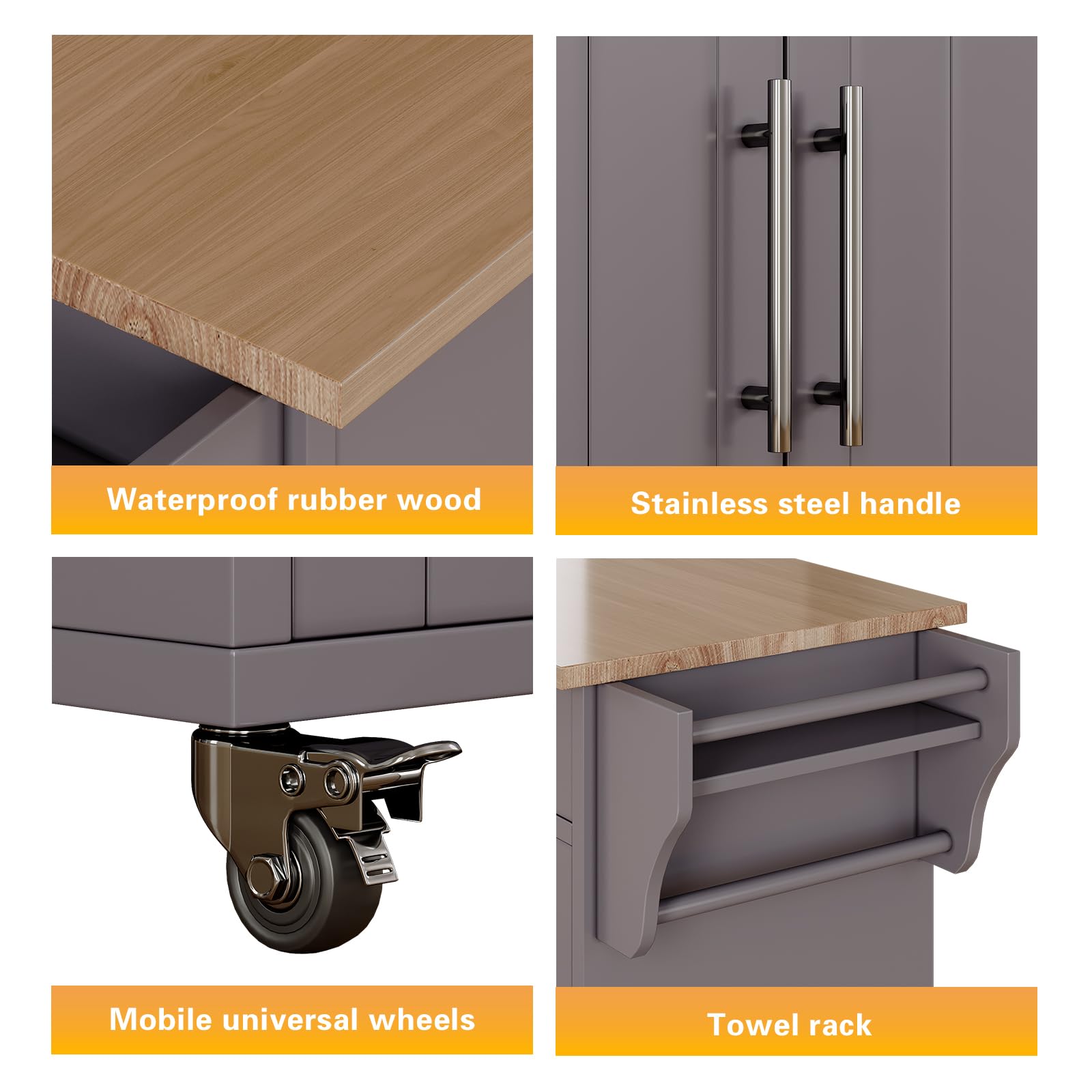 Wooden Rolling Kitchen Island Cart with Countertop, Wheels, Towel Rack, Spice Rack & Drawers - Mobile Kitchen Storage Organizer for Small Spaces, Home & Restaurant Use (Grey)