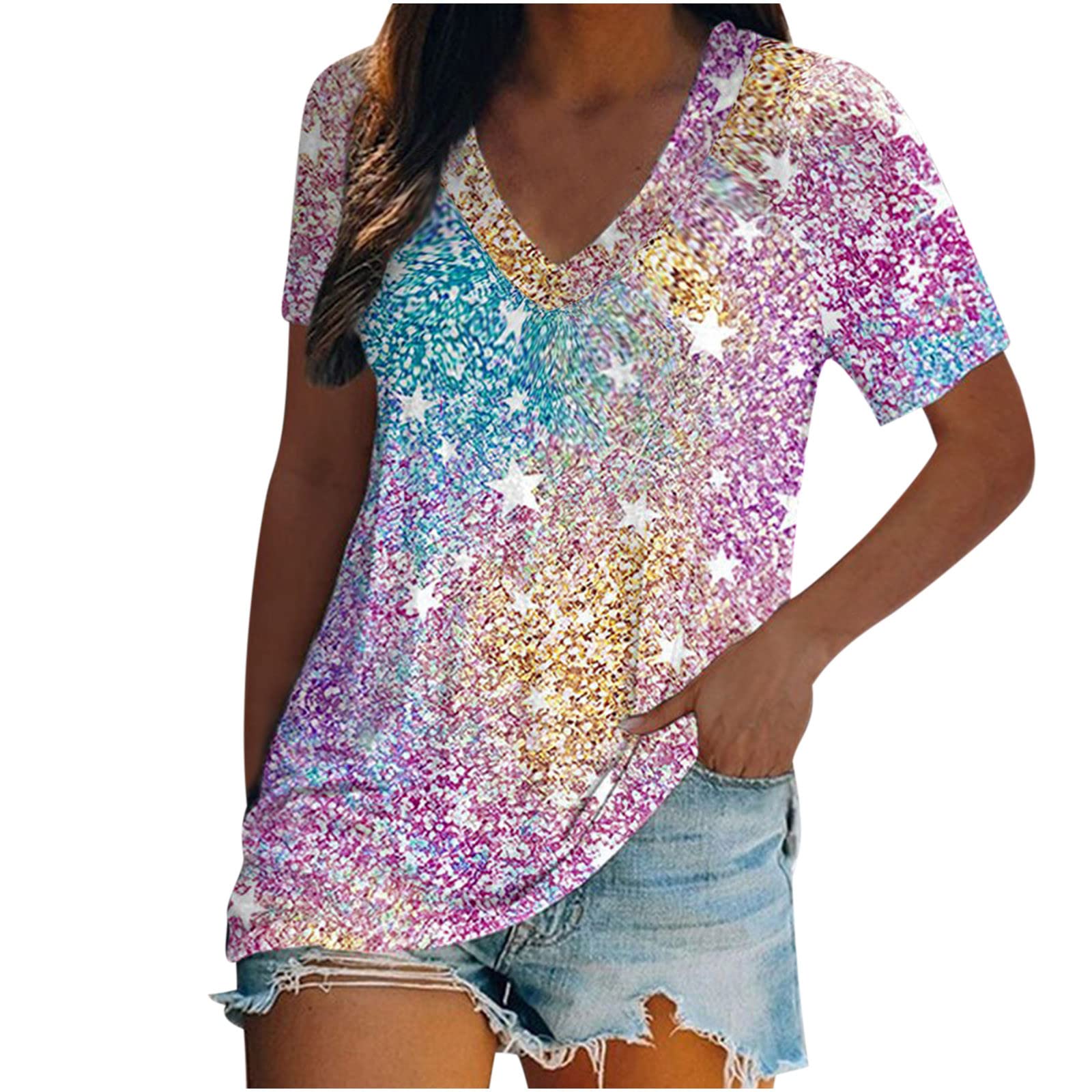 Trendy Women's Summer Tops - HRAPDA Short Sleeve V-Neck Blouse, Loose Fit Graphic Tee, Casual Tunic Shirt for Going Out | Perfect for Beach Vacations, Date Nights & Weekend Outings