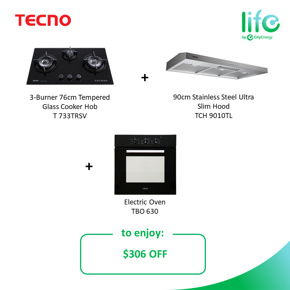 Tecno 76cm 3 Burner Gas Cooktop with 90cm Ultra Slim Range Hood and Built-in Oven - Perfect for Modern Kitchens, Restaurants & Home Cooking