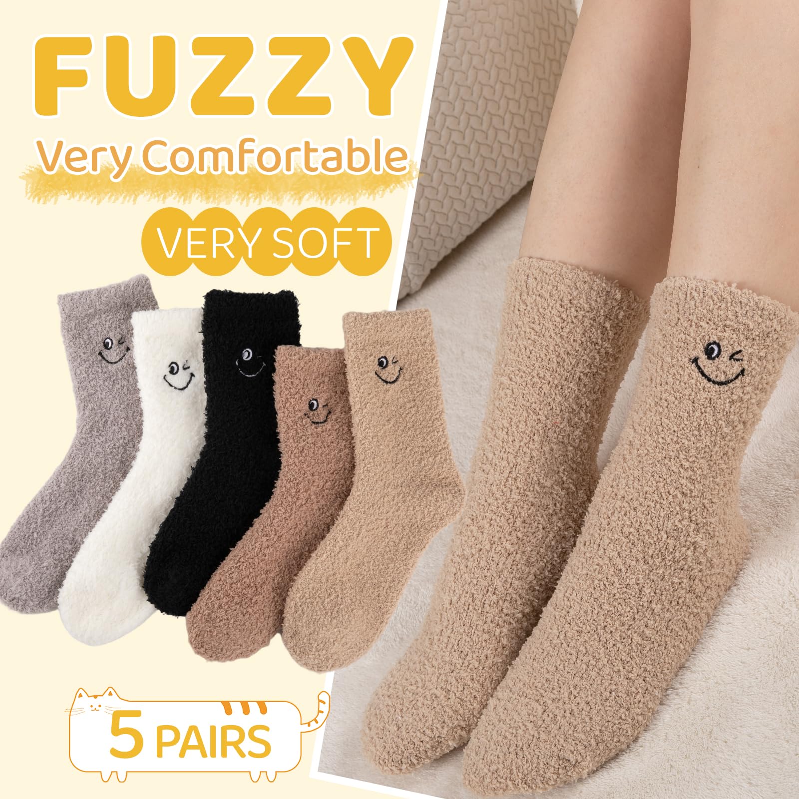 COOVAN Women's Fuzzy Socks - 5 Pairs Ultra Soft Plush Winter Warm Slipper Socks for Home, Sleeping & Cabin Wear - Cozy Fluffy Non-Slip House Socks for Women