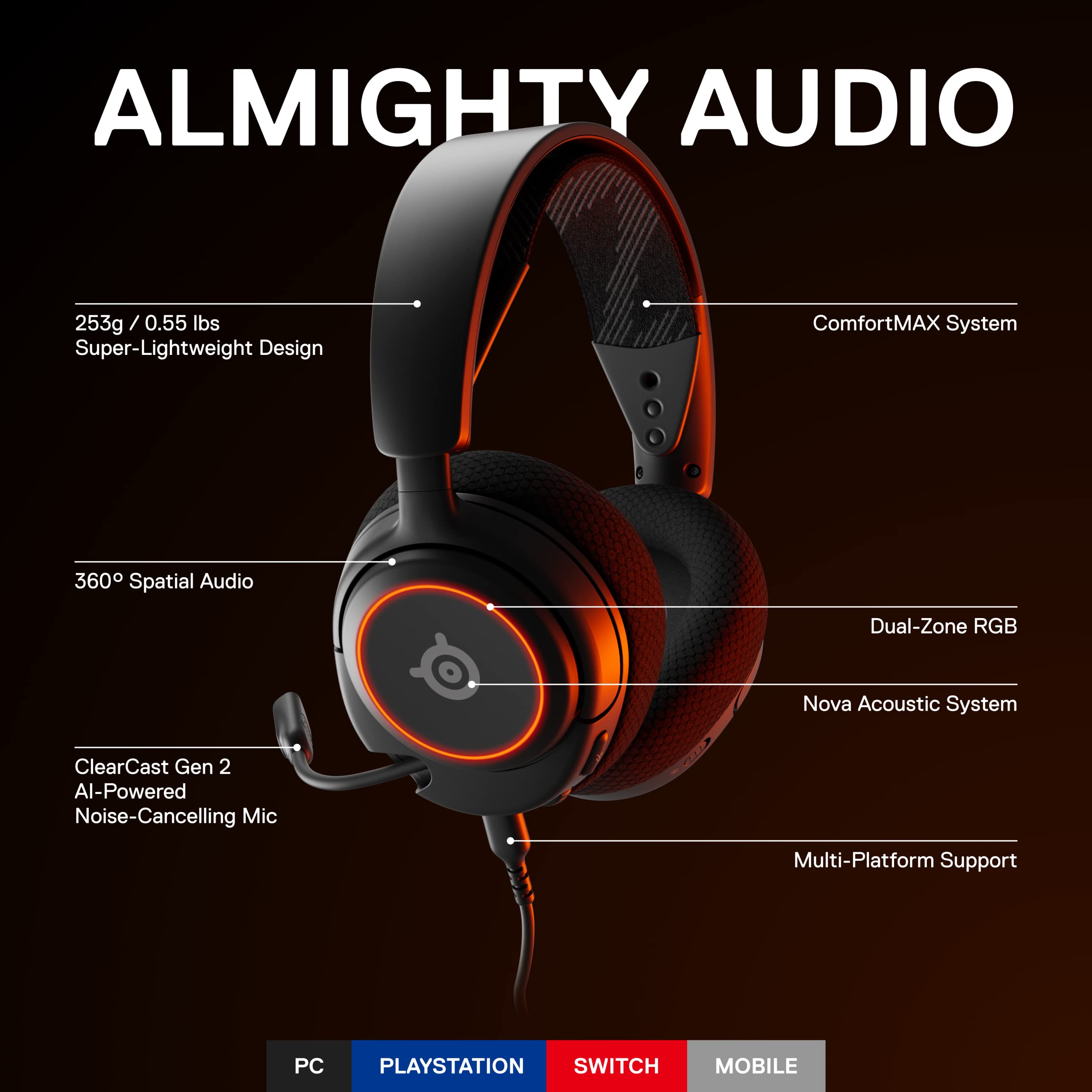 SteelSeries Arctis Nova 3 Wireless Gaming Headset with Signature Sound & ClearCast Gen 2 Mic - Compatible with PC, PS5, PS4, Xbox Series X|S, Nintendo Switch & Mobile - Perfect for Competitive Gaming & Streaming (Black)