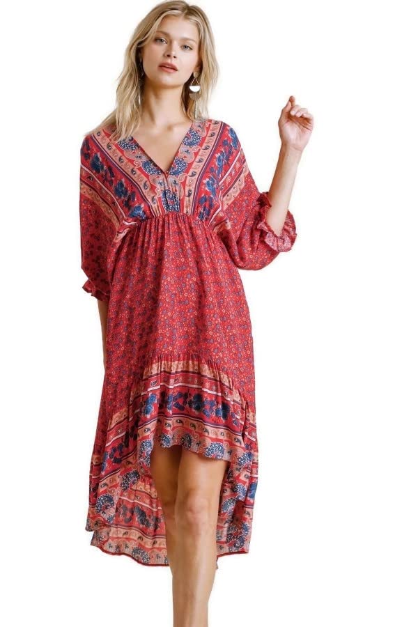 Umgee Women's Mixed Print High Low Midi Dress - Red Floral Summer Dress for Casual Wear, Beach Vacation & Date Night Outfits