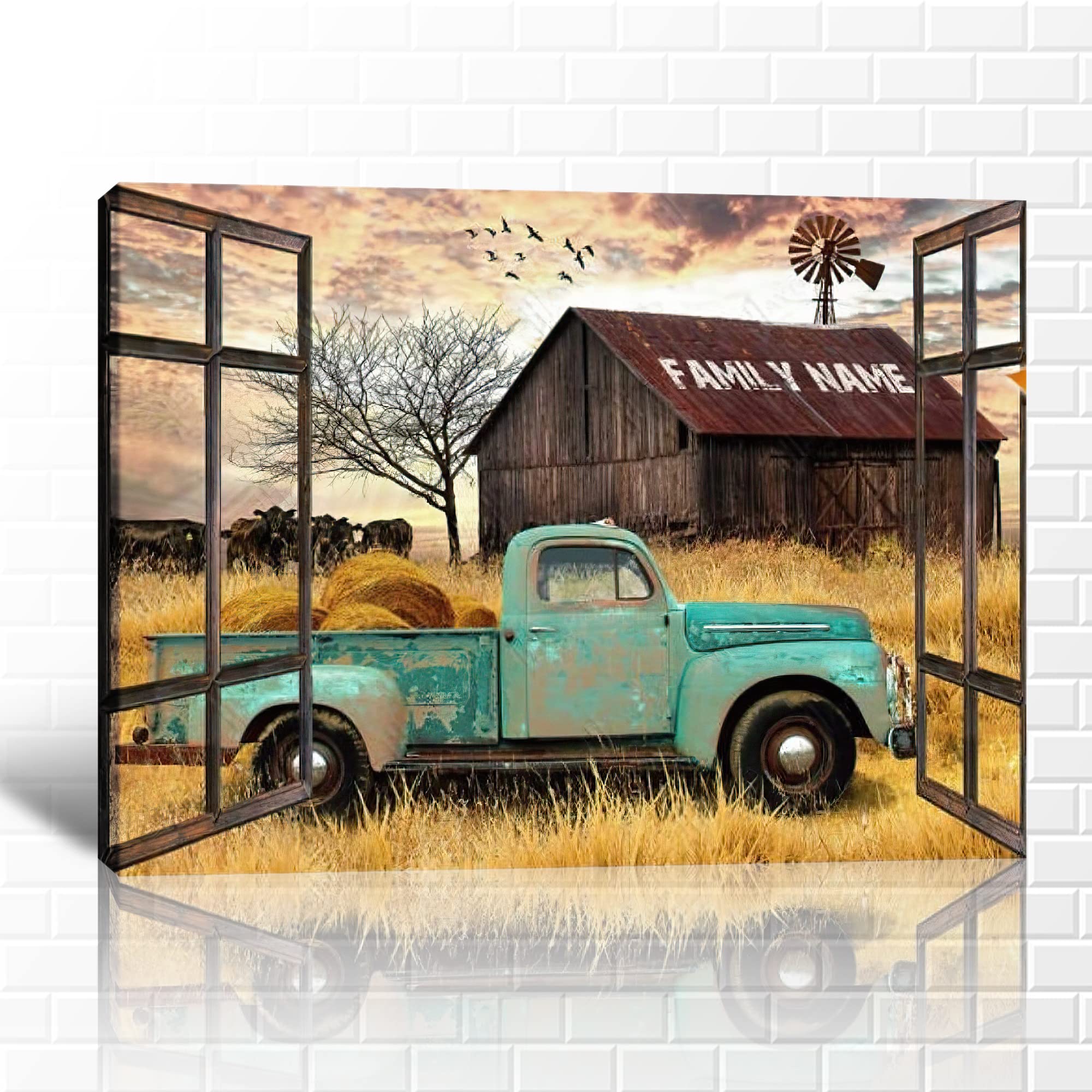 Farmhouse Truck Wall Art - Vintage Old Truck Canvas Painting - Personalized Teal Truck with Window Picture - Country Home Decor - Custom Barn Wall Art 32x48 Inches - Perfect for Living Room, Bedroom & Rustic Farmhouse Decor