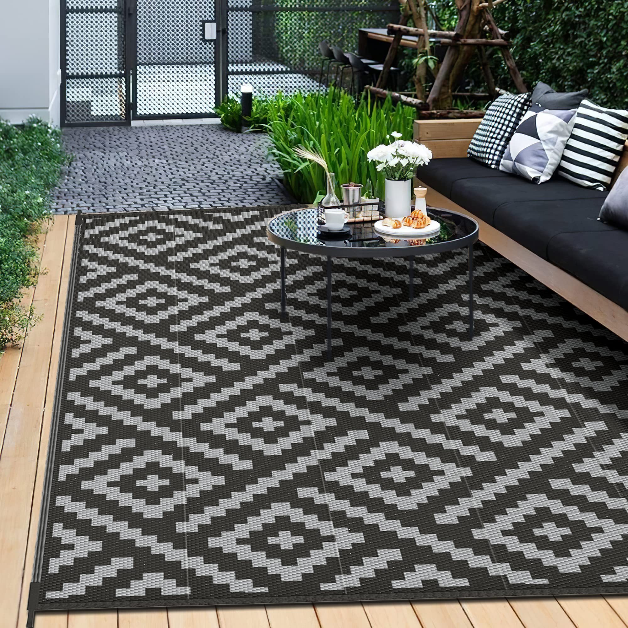 GENIMO 5'x8' Waterproof Outdoor Rug - Reversible Plastic Camping Mat for Patio, RV, Porch, Deck, Camper, Balcony & Backyard - Black & Gray - Perfect for Camping Trips, Picnics & Outdoor Gatherings