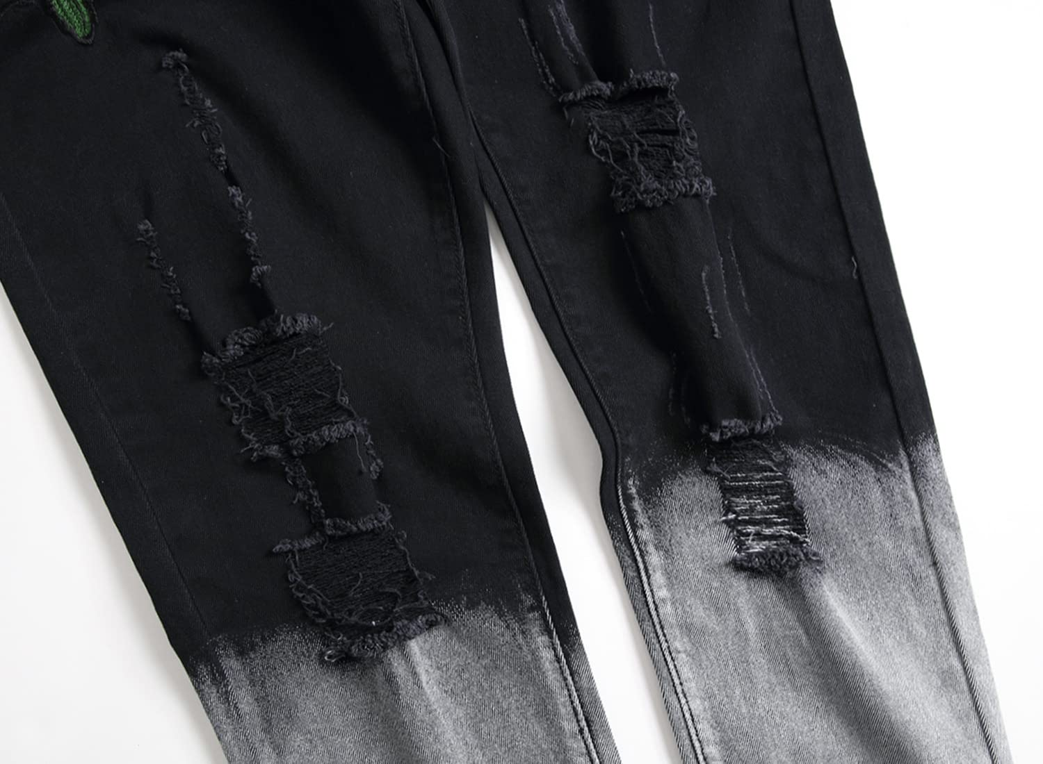 Men's Black Skinny Jeans with Ripped Holes & Rose Embroidery - Stretch Distressed Denim Pants (Size 28-38) | Trendy Casual Wear for Street Style & Night Out