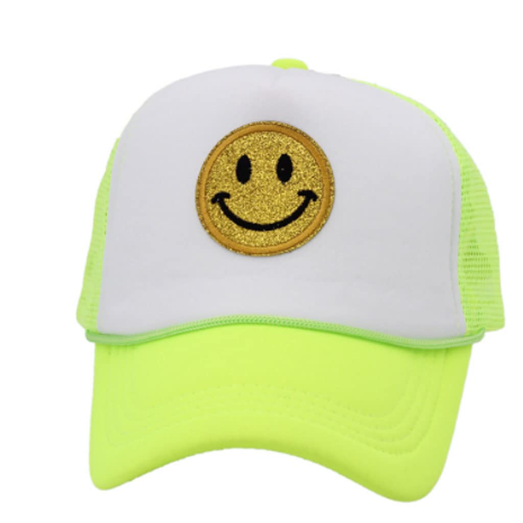 JXAMA Fashion Glitter Smiley Face Trucker Hat - Adjustable Snapback Foam Mesh Cap with High Crown for Women & Men | Perfect for Festivals, Concerts, and Casual Outfits