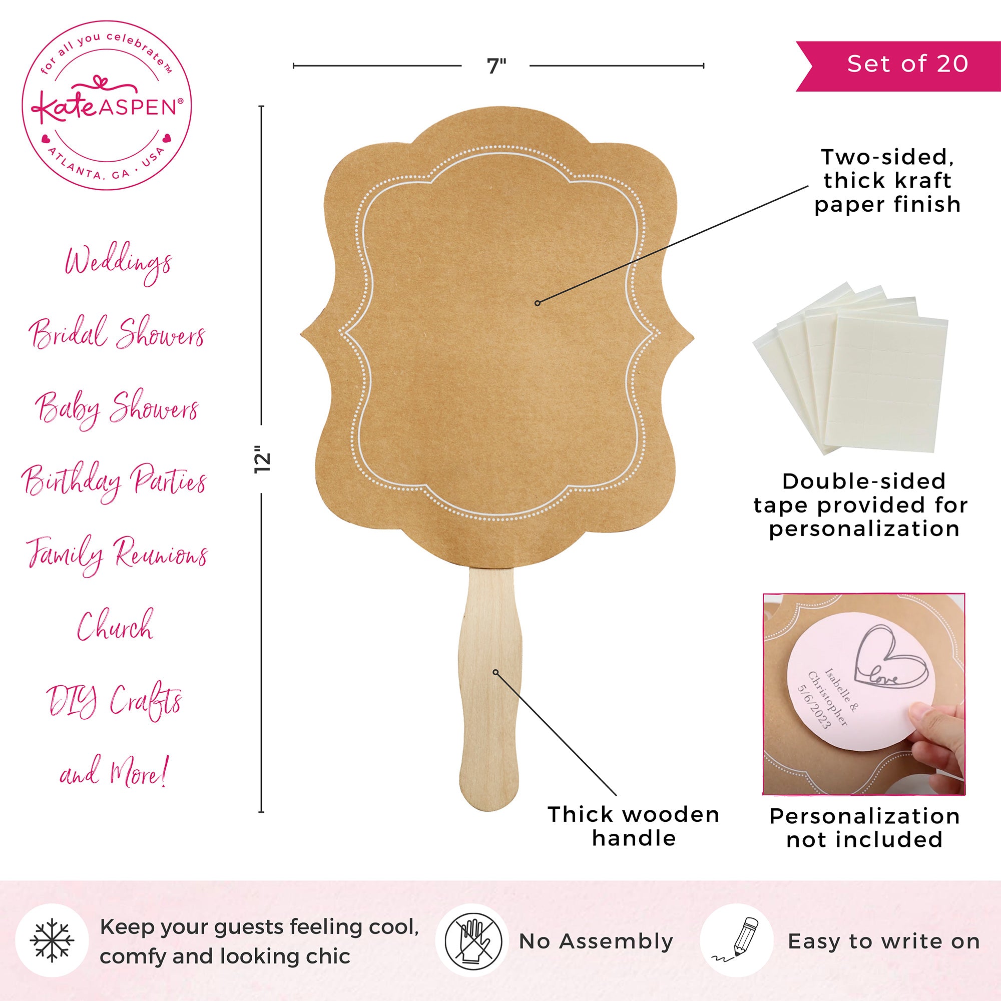 Personalized Kraft Hand Fan Set of 20 - Eco-Friendly Paper Fans for Weddings, Parties & Outdoor Events - Custom Printed Handheld Fans for Guests & Decorations