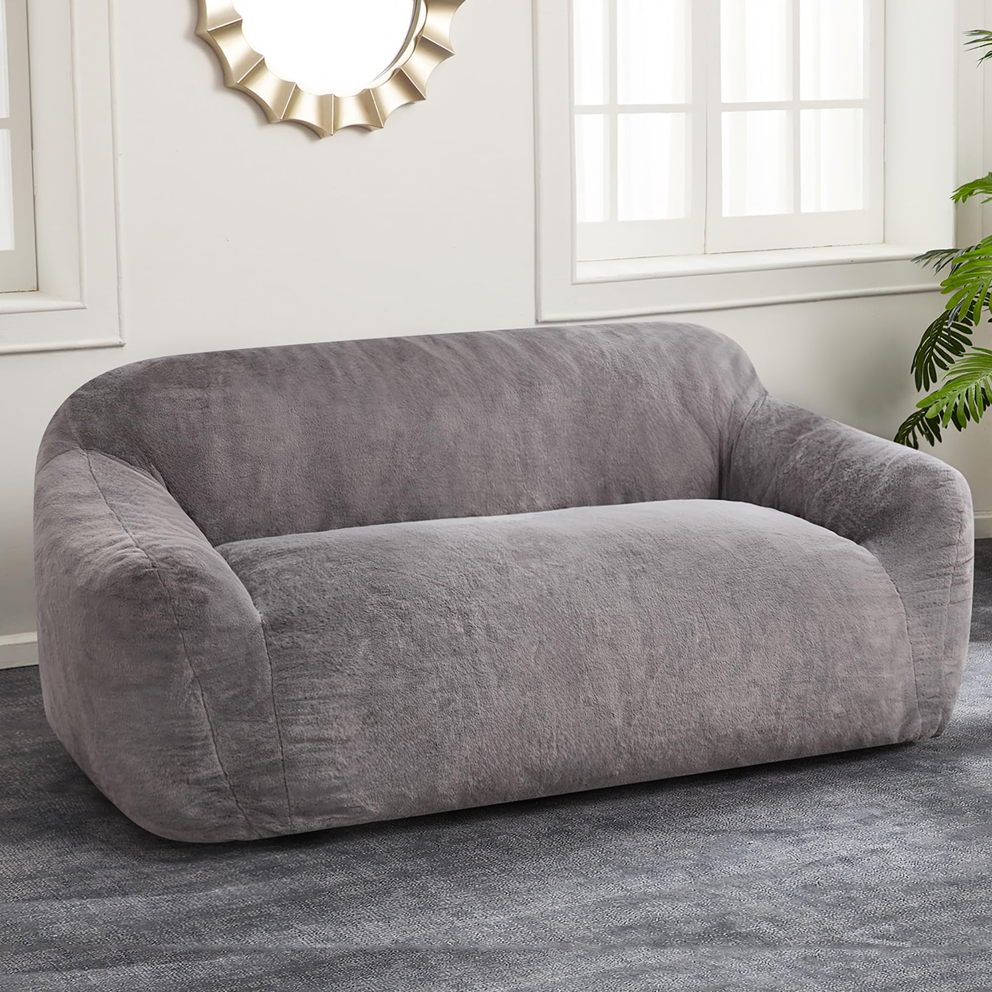 Homguava Oversized Bean Bag Chair for Adults - Giant Fluffy Faux Fur Bean Bag Sofa with Wide Armrests, Extra Large Floor Couch for Living Room, Bedroom & Apartment - Perfect for Lounging, Gaming & Relaxation (Grey)